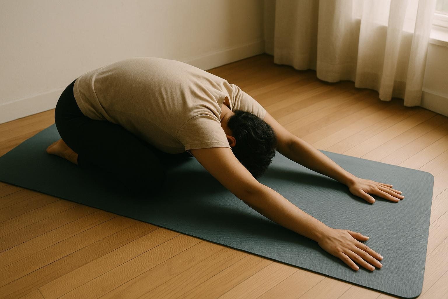 A person performing a relaxing Child's Pose, demonstrating that gentle yoga can be a form of active recovery.