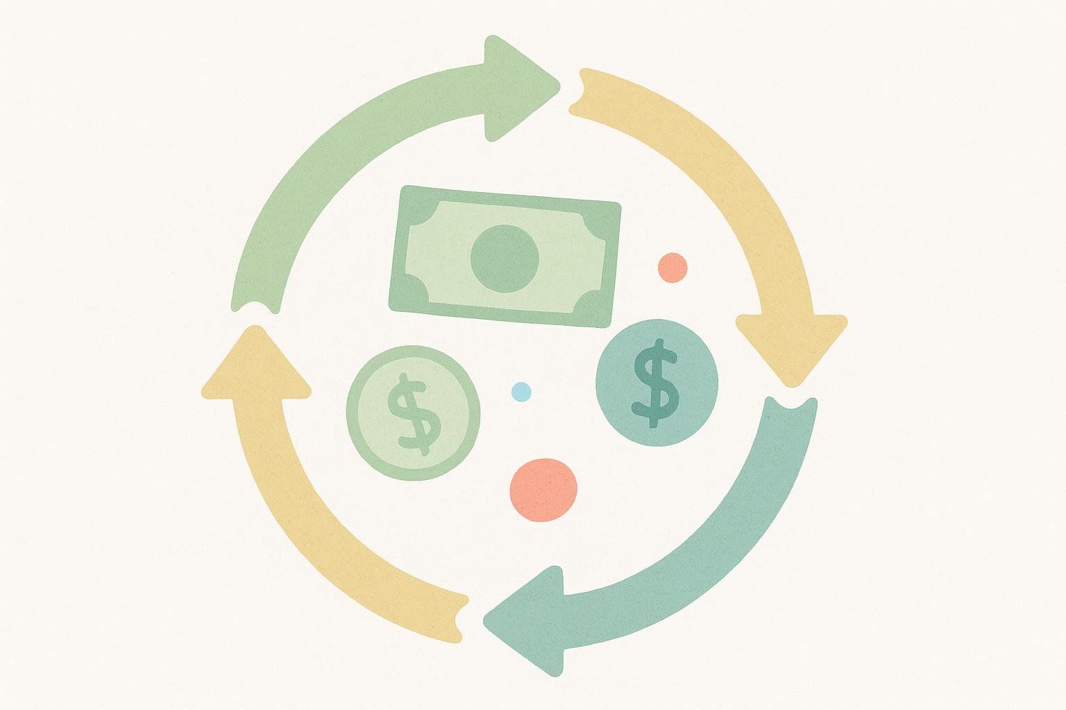 An illustration depicting money, coins, and arrows in a circular flow, representing a revenue cycle.