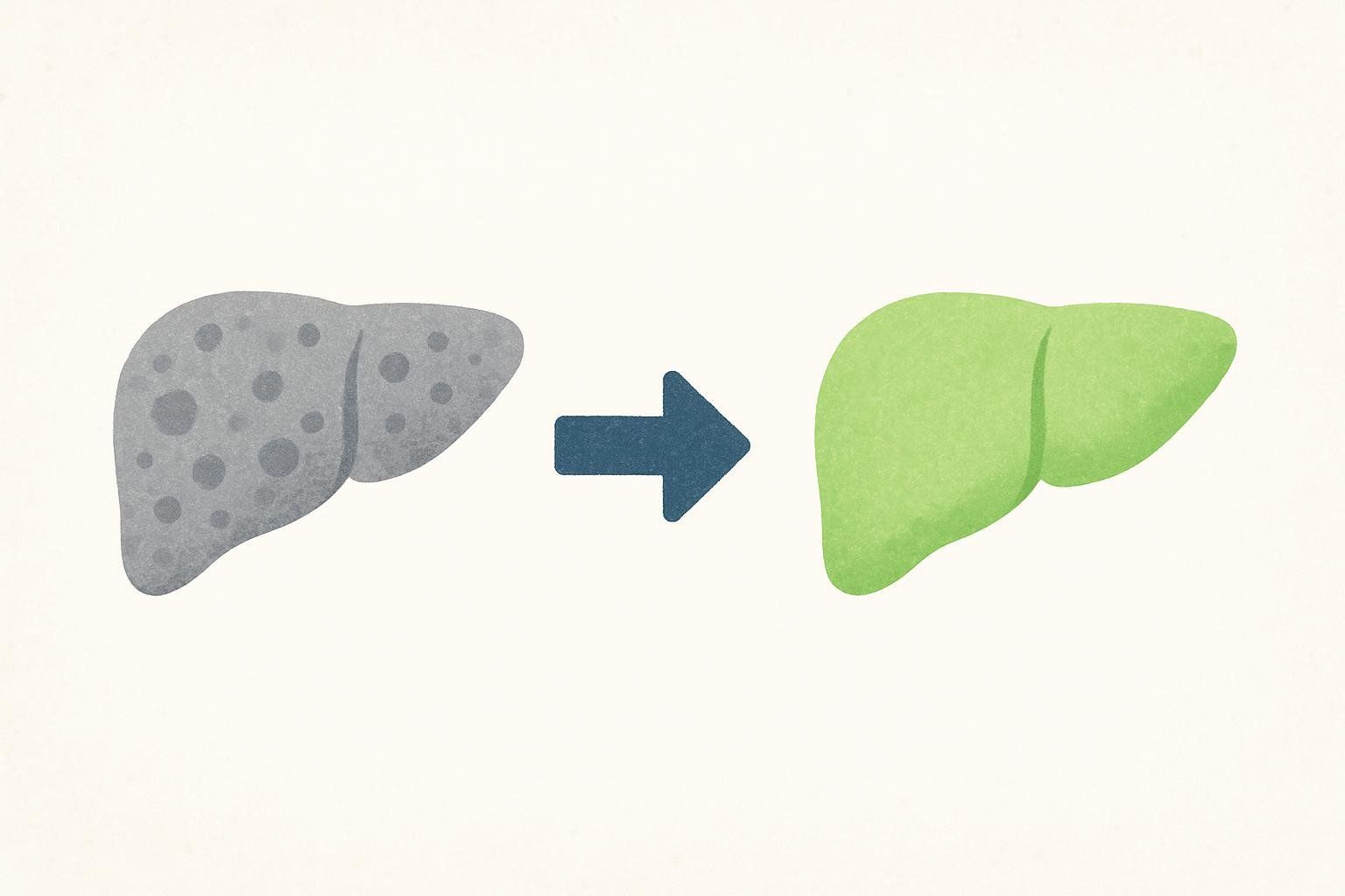 Illustration showing a stressed, gray liver with dark spots transforming into a healthy, vibrant green liver, indicated by a blue arrow pointing from left to right.