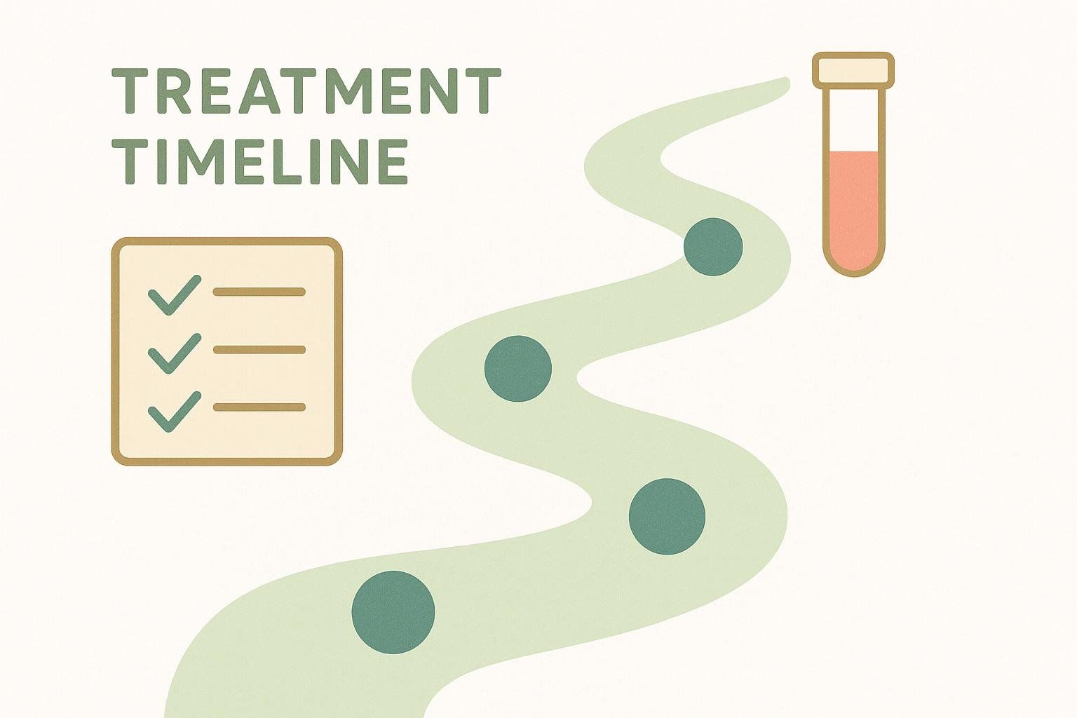 Stylized treatment timeline visualization with markers along a winding path, a checklist icon, and a test tube icon, representing progress, completed steps, and blood tests.