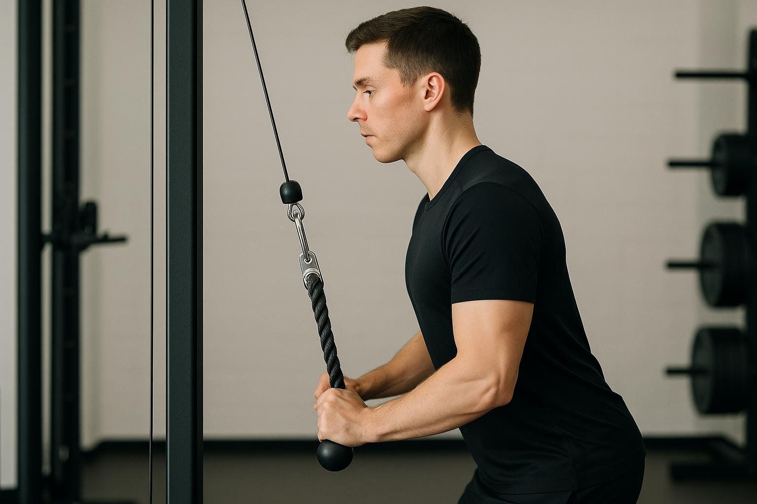 A man performs a triceps cable pushdown exercise using a rope attachment at a gym.