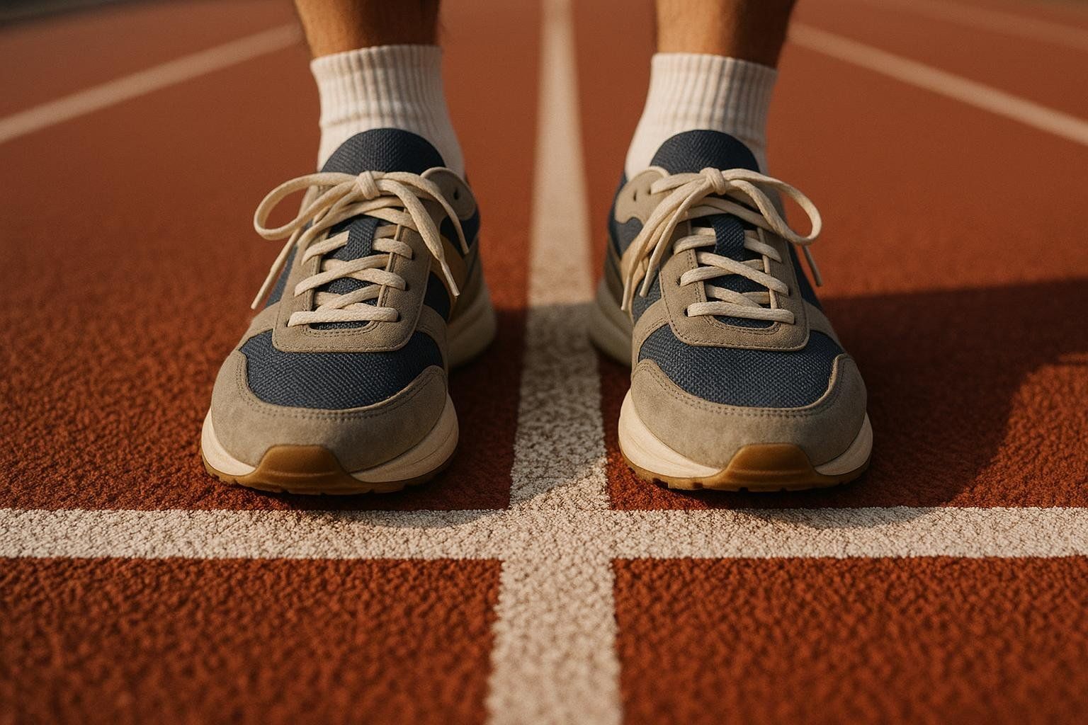 A close-up view of a person's feet in blue and tan running shoes, positioned precisely at the white starting line on a reddish-brown athletic track, symbolizing readiness to begin.
