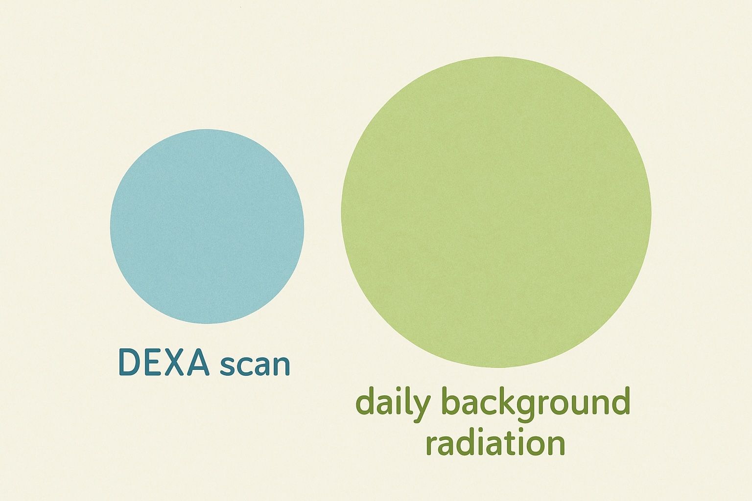 A visual comparison showing the amount of radiation from a DEXA scan as a small blue circle, and the amount of daily background radiation as a large green circle. The text below indicates which circle represents each type of radiation.