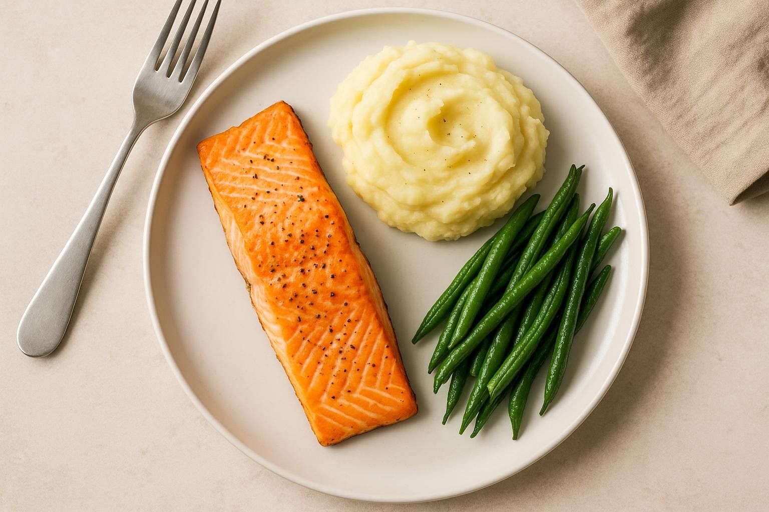 An appetizing overhead view of a plated meal for IBS-D: baked salmon with mashed potatoes and green beans.