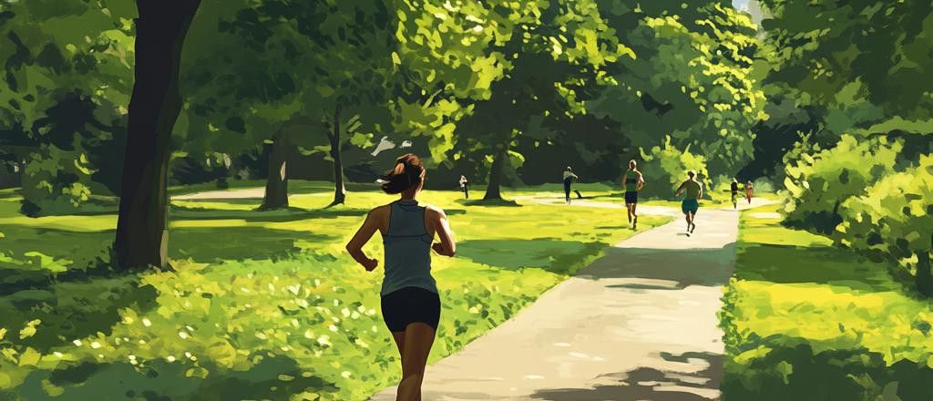 People running and exercising on a path in a park on a sunny day, with trees and grass surrounding them.
