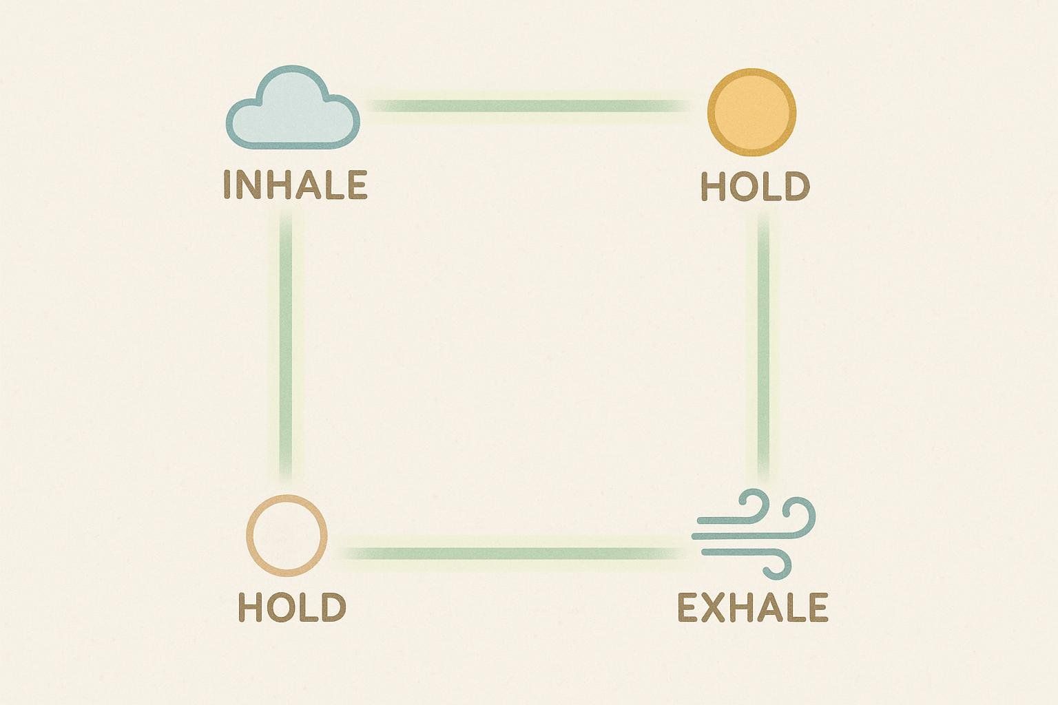 A visual guide illustrating box breathing with icons and text: 'Inhale' with a cloud, 'Hold' with a solid circle, 'Exhale' with wind symbols, and another 'Hold' with an outlined circle, arranged in a square pattern.