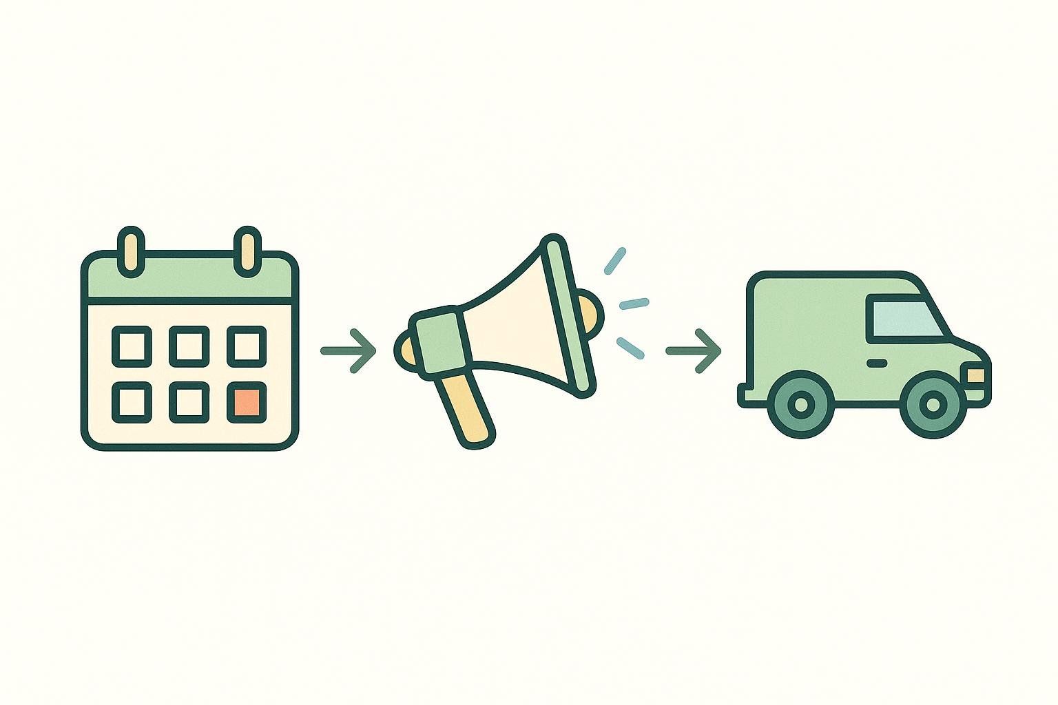 An illustration showing three steps to host an event: a calendar representing 'request a date', a megaphone representing 'promote', and a delivery van representing 'scan day' or event execution.