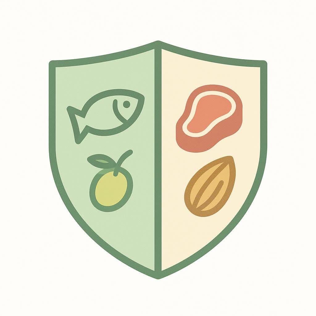 A simple shield icon split in two, with symbols for the Mediterranean diet on one side and the Paleo diet on the other.