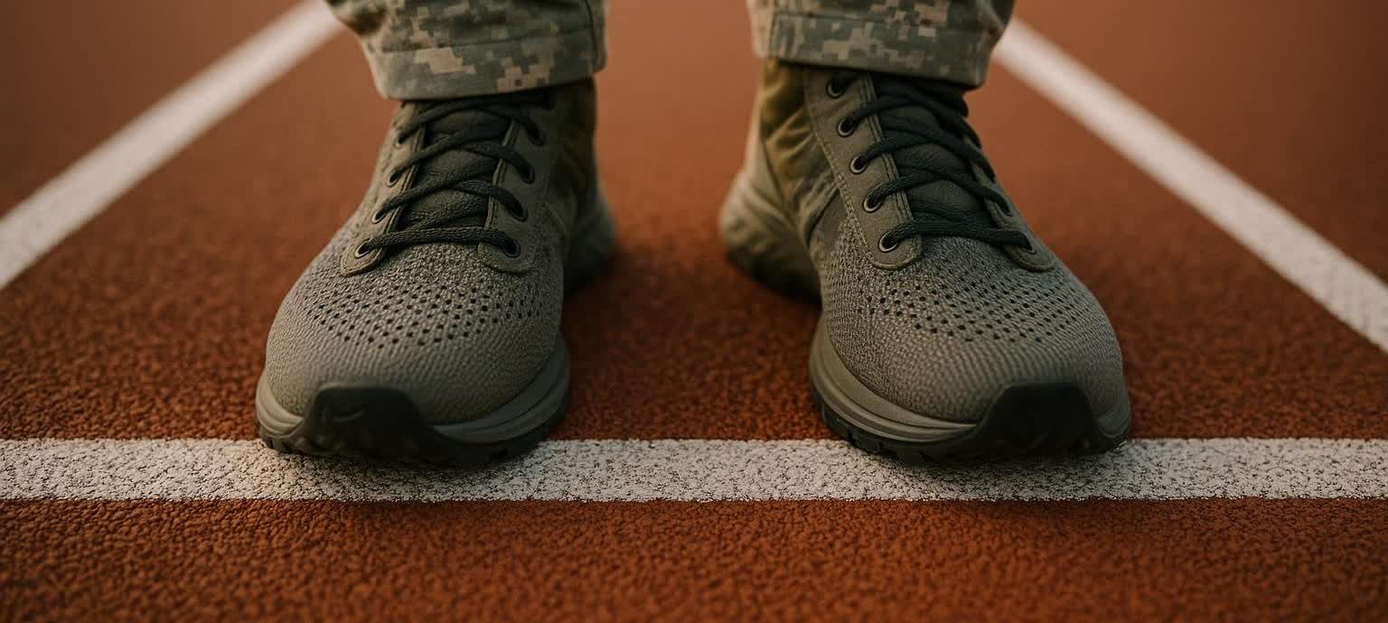 Close-up of a soldier's feet in dark gray running shoes, standing at the white starting line on a brown running track, ready for the Army Fitness Test.