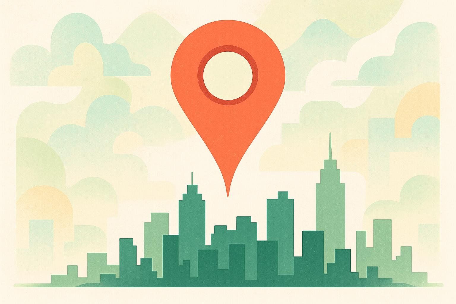 An illustration of a large orange location pin centered above a green city skyline, with a light yellow and green cloudy sky.