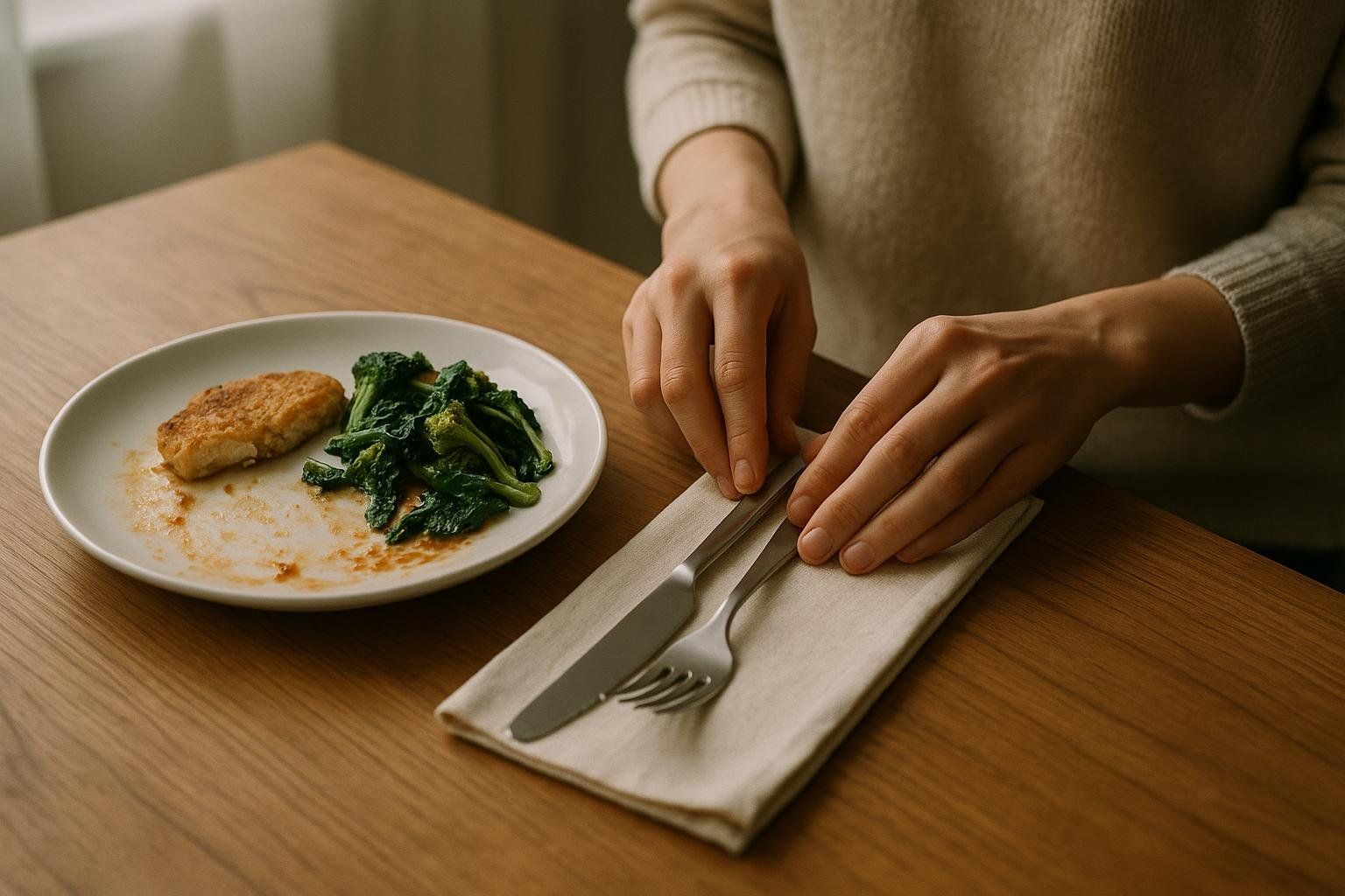 Hands placing a fork and knife down on a napkin next to a plate, to take a pause during a meal.