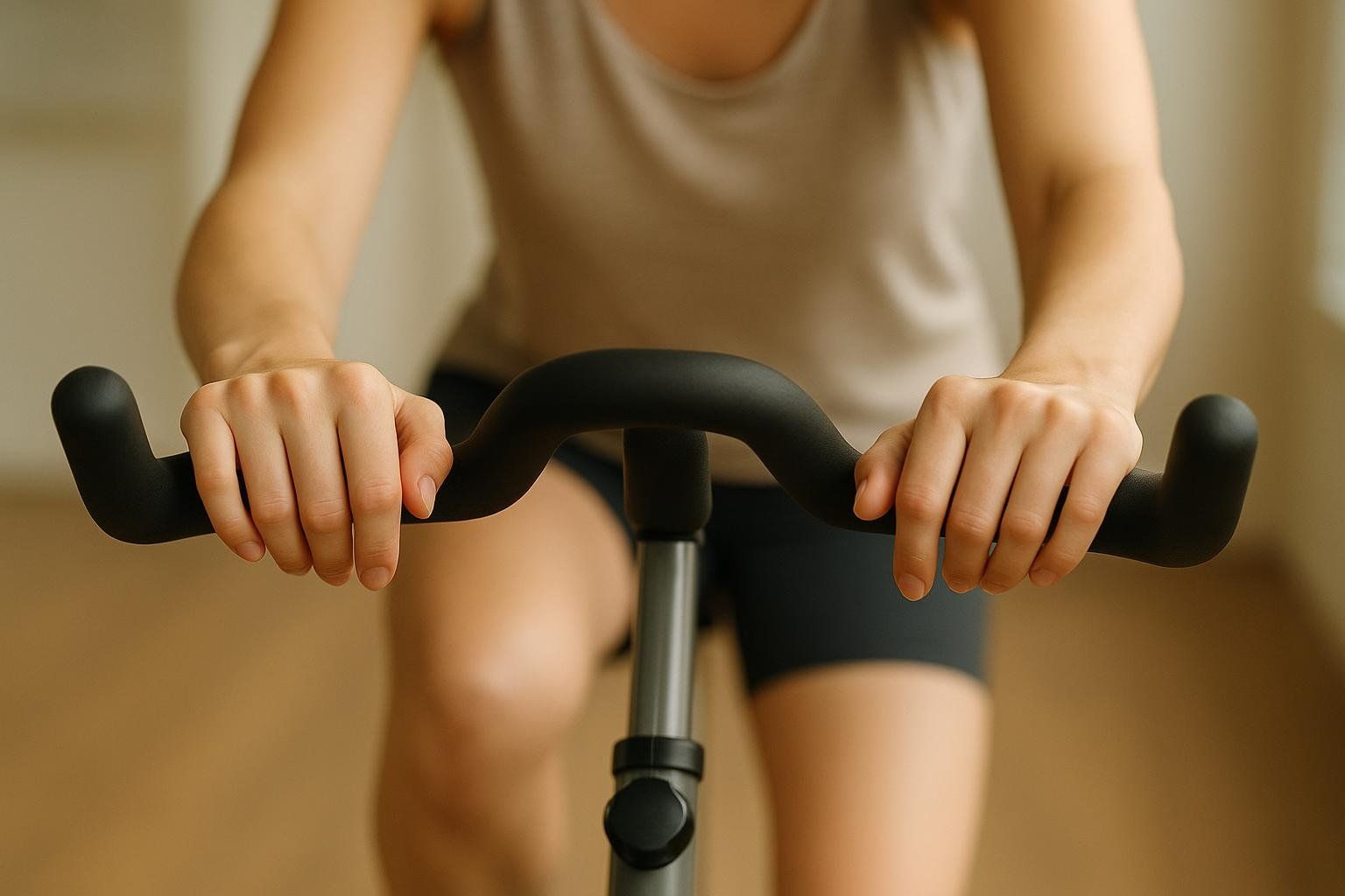 Close-up on hands resting on the handlebars of a spin bike, representing a gentle cycling session for active recovery.