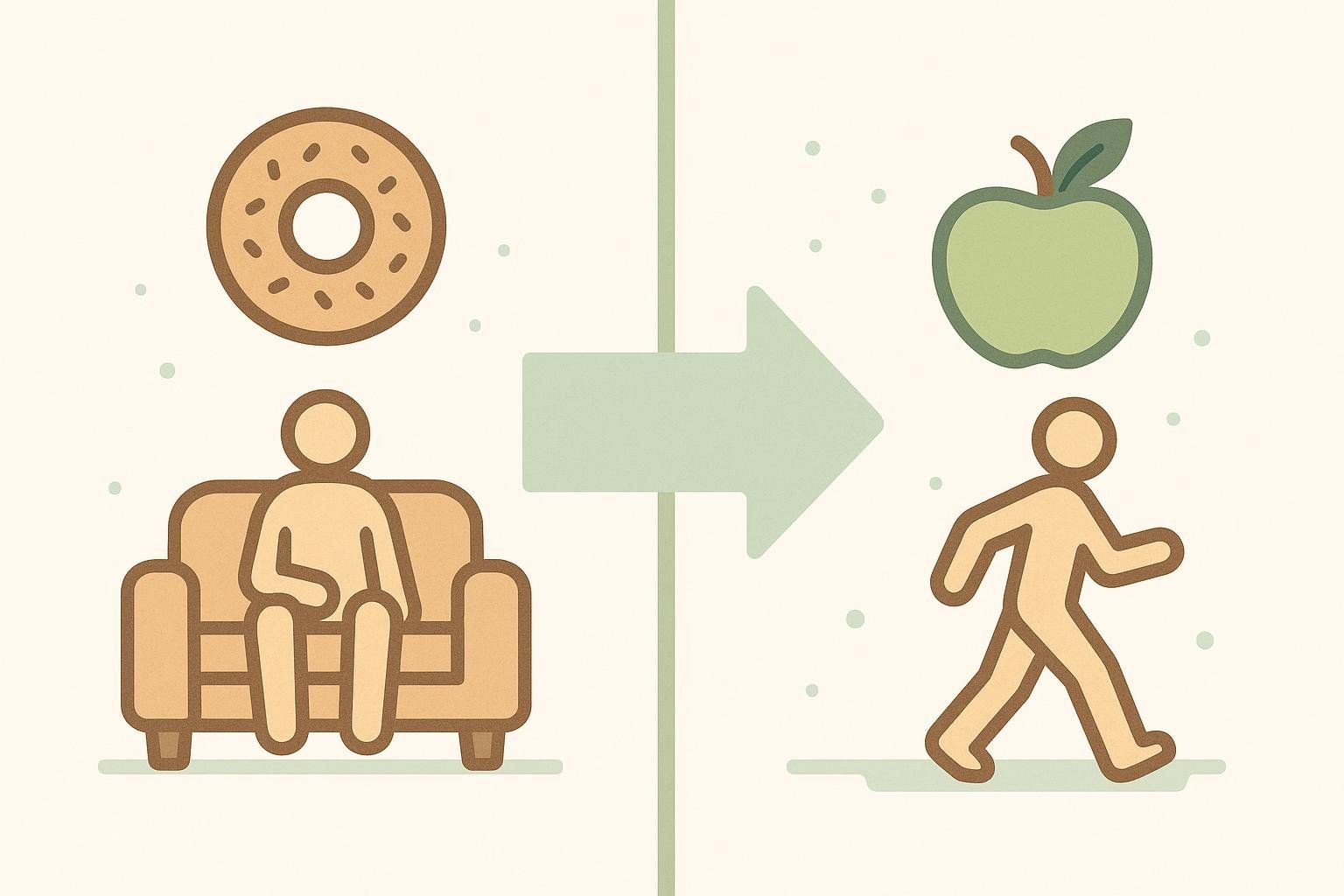 An illustration showing a person sitting on a couch with a donut above their head transforming into a person walking with an apple above their head, symbolizing a shift from unhealthy, sedentary habits to healthy, active ones.