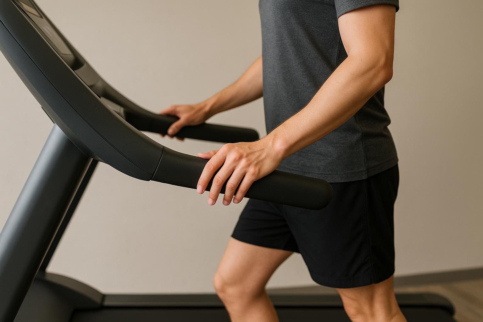 A person, seen from the waist up, demonstrates proper form on a treadmill, with their hands lightly gripping the side rails for balance. They are wearing a grey t-shirt and black shorts.