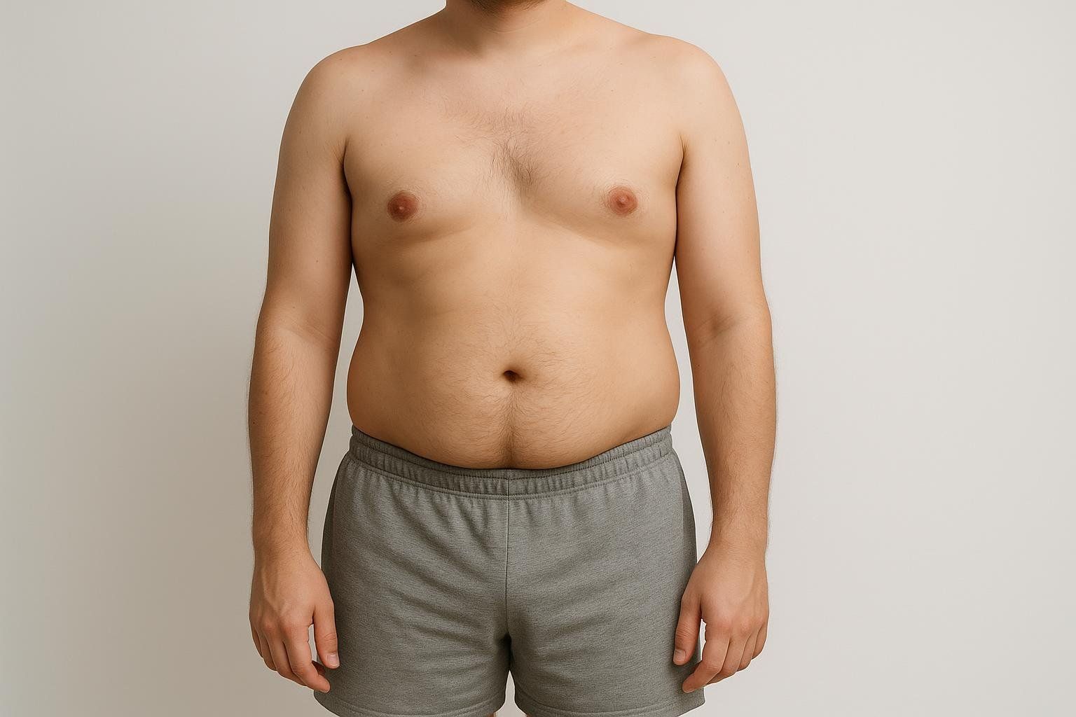 A man's torso and upper legs, showing a physique consistent with 20% body fat, characterized by a soft midsection with some mild muscle definition. He is wearing grey shorts.