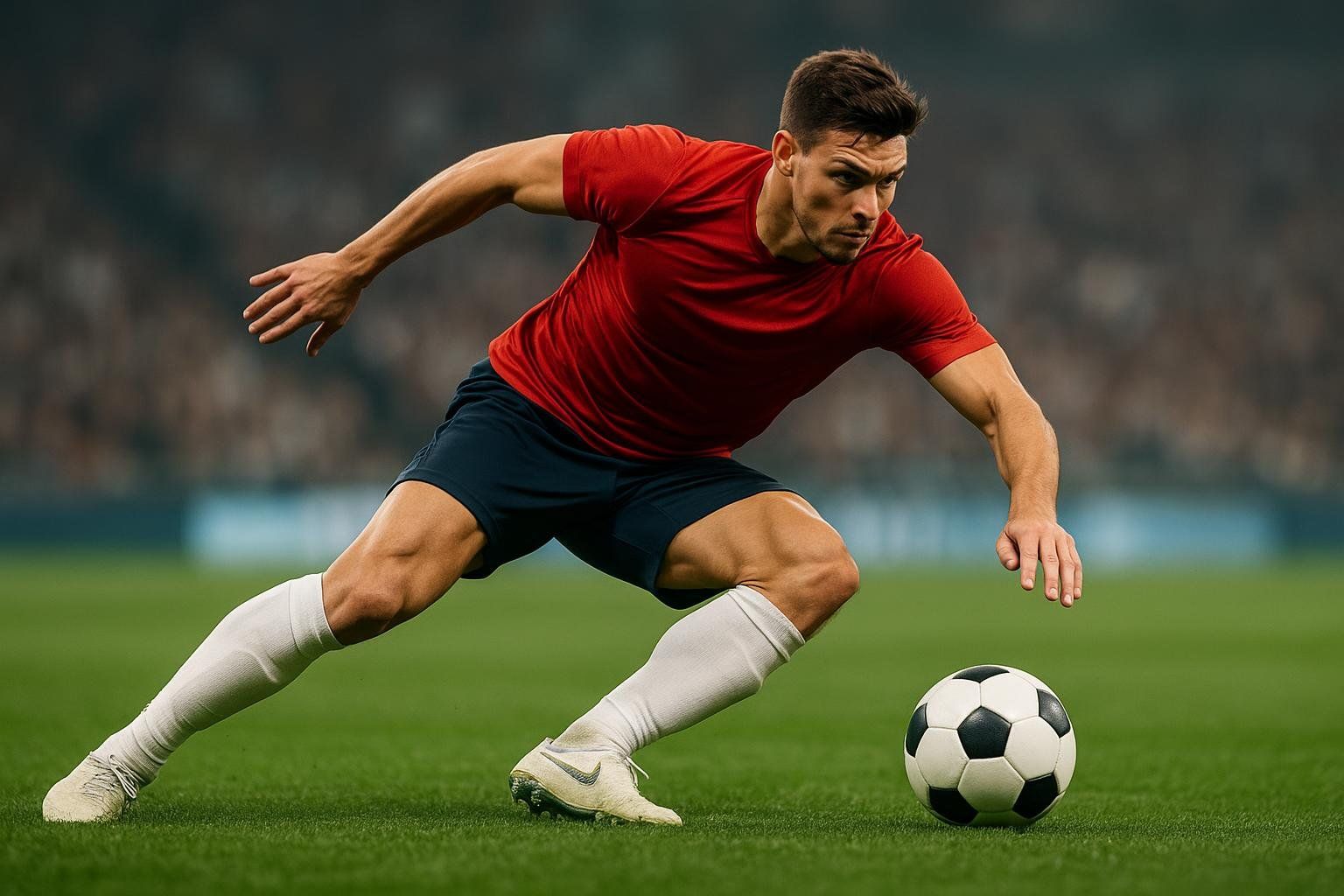 A soccer player in a red shirt and dark shorts is making a powerful diagonal cut on a green field, with a soccer ball nearby. His body is low and his muscles are engaged, highlighting agility and strength.