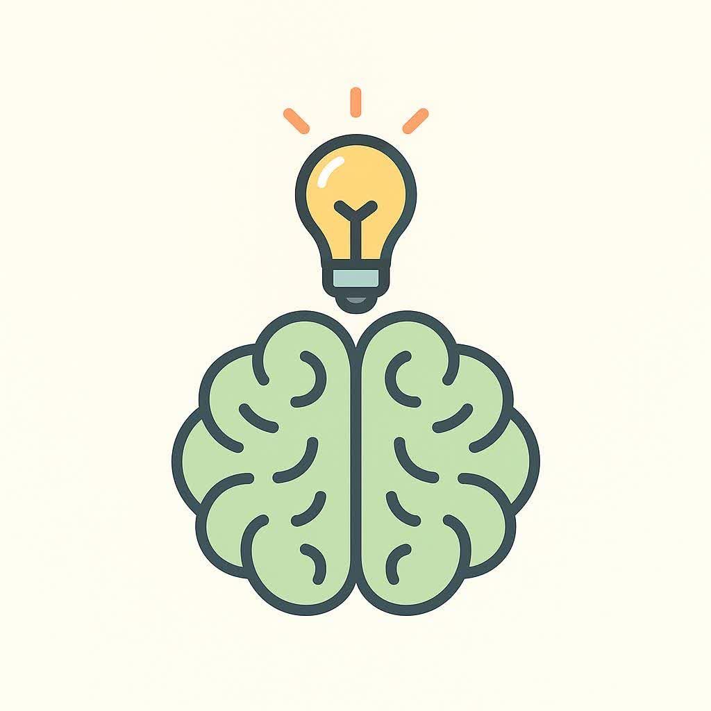 A simple icon depicting a pale green brain with a yellow glowing lightbulb above it, symbolizing an idea or innovation.