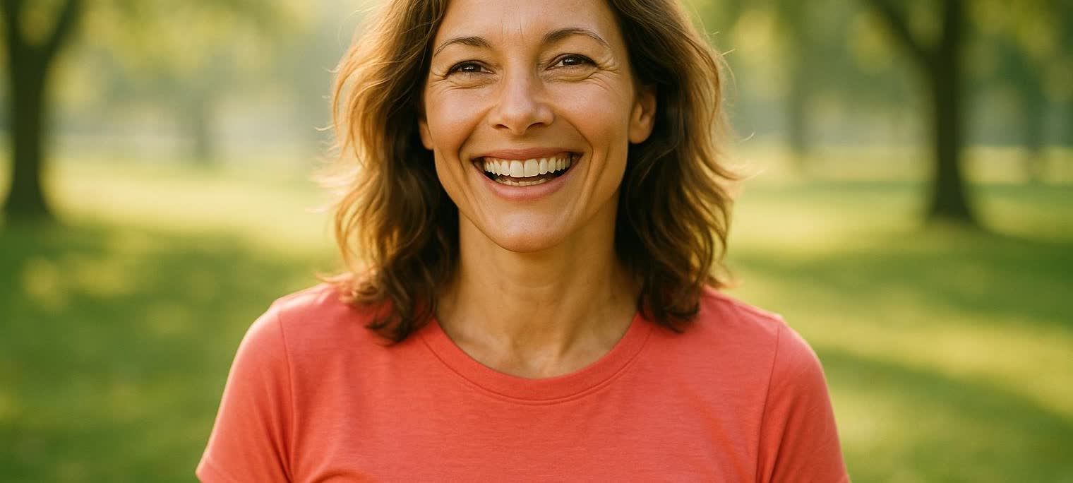 A smiling woman with brown hair and a coral t-shirt stands in a sunlit park, with trees and green grass blurred in the background.