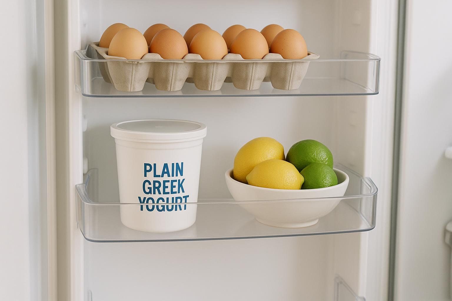 A clean refrigerator door shelf holds a carton of brown eggs and a white tub of plain Greek yogurt. Below, a white bowl contains yellow lemons and green limes.