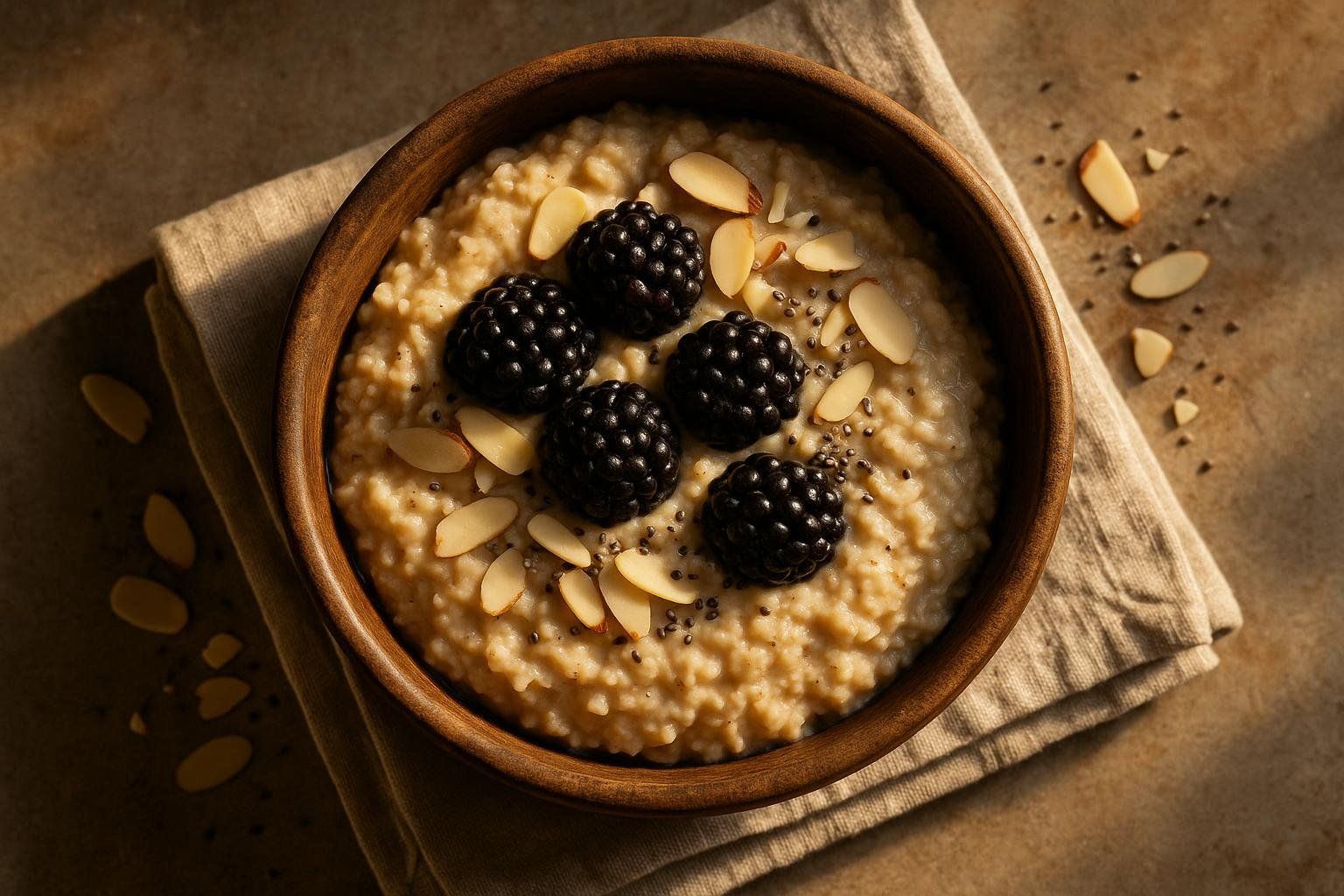 A healthy bowl of oatmeal with berries and nuts, representing a high-fiber food that supports regularity.