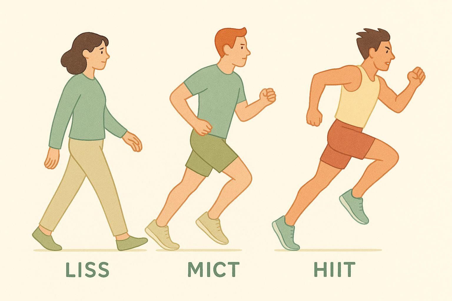An illustration comparing cardio styles, with figures shown walking, jogging, and sprinting to represent LISS, MICT, and HIIT.
