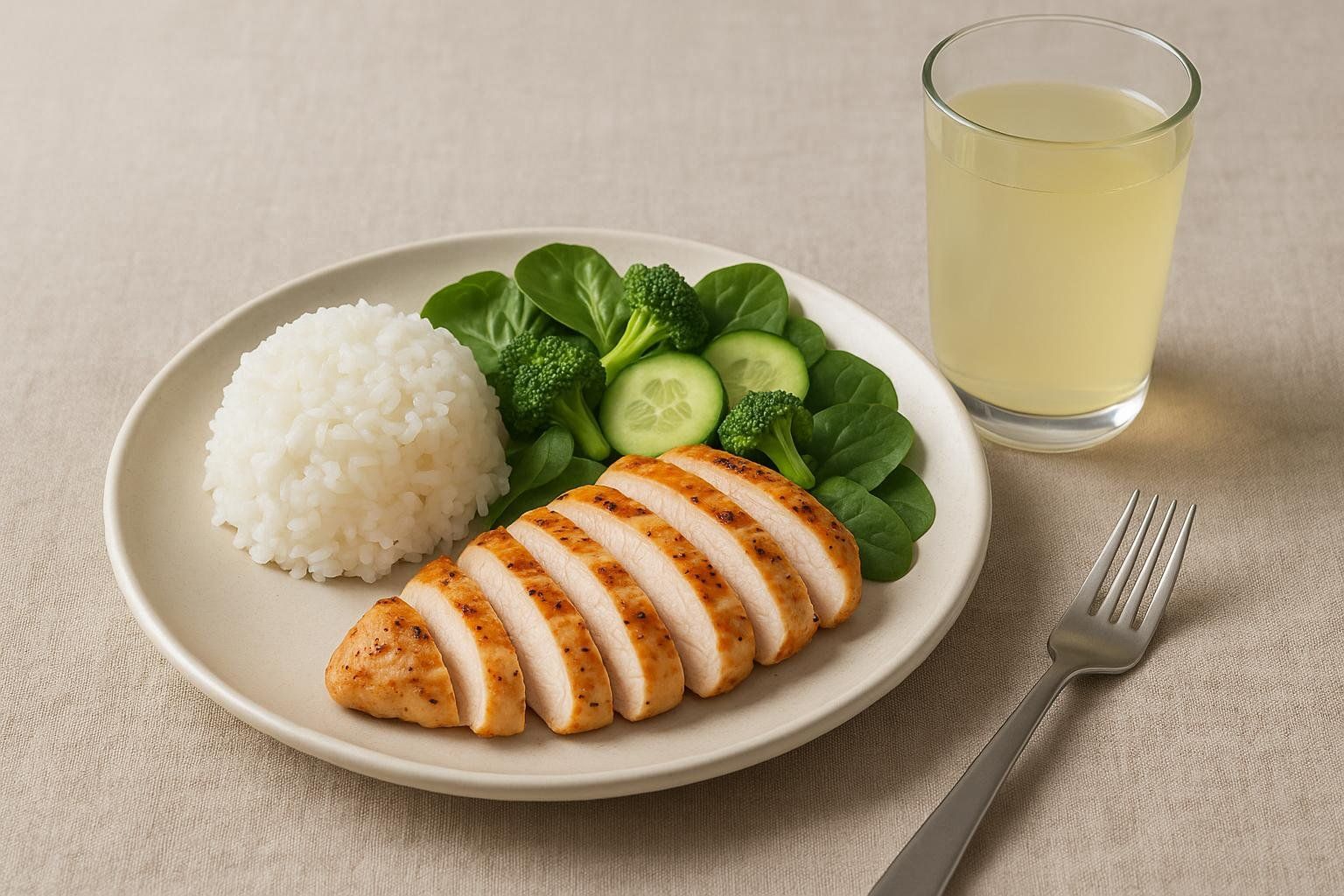 A plate of grilled chicken with sliced pieces, a mound of white rice, fresh spinach leaves, broccoli florets, and cucumber slices. A glass of light yellow liquid is next to the plate, and a fork rests on the tablecloth.