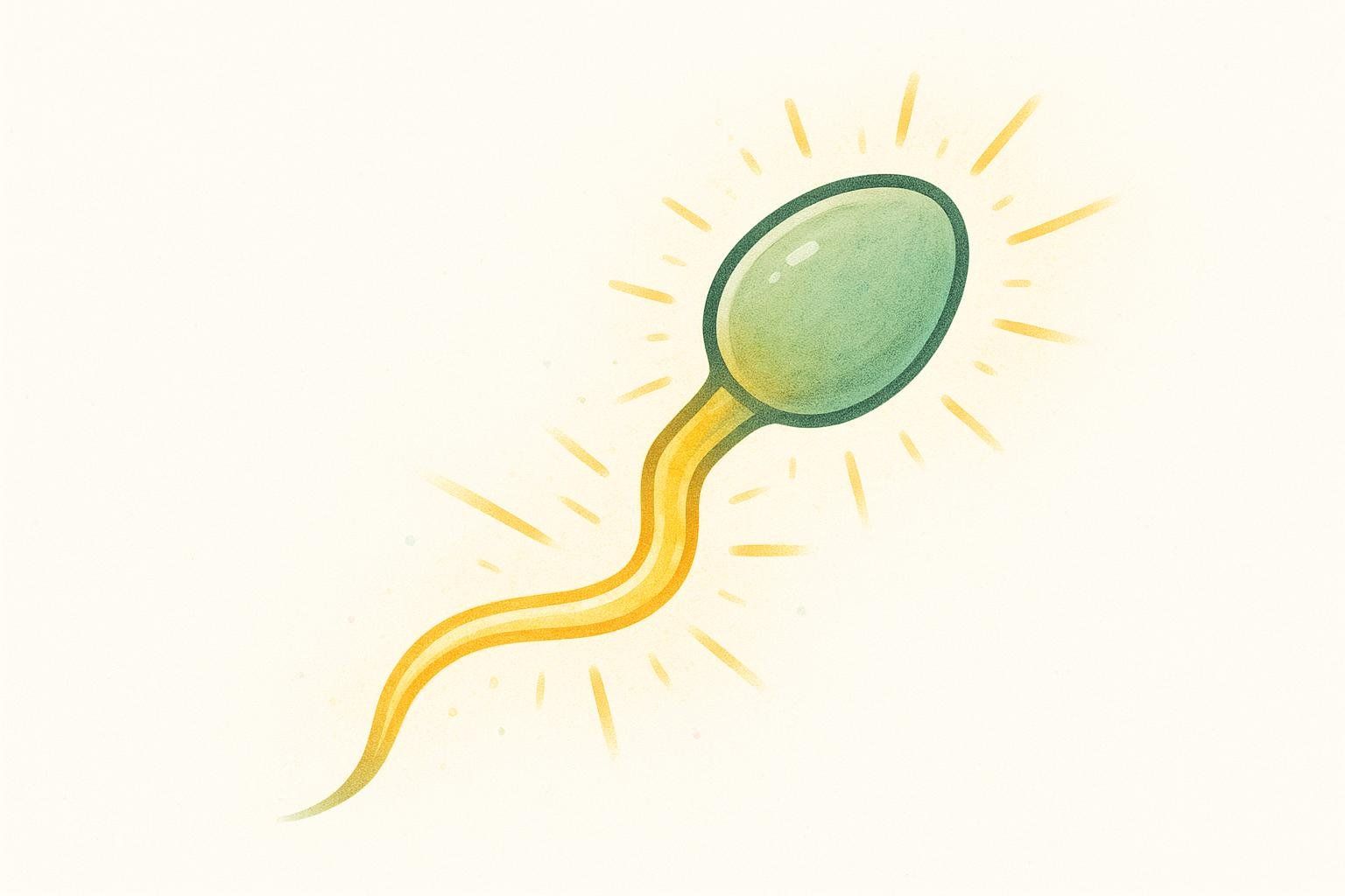 Illustration of a sperm cell with its green head and glowing orange tail. Bright yellow rays emanate from the tail, symbolizing mitochondrial energy.