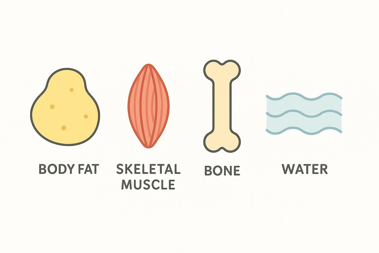Infographic icons representing the four key components of body composition: fat, muscle, bone, and water.