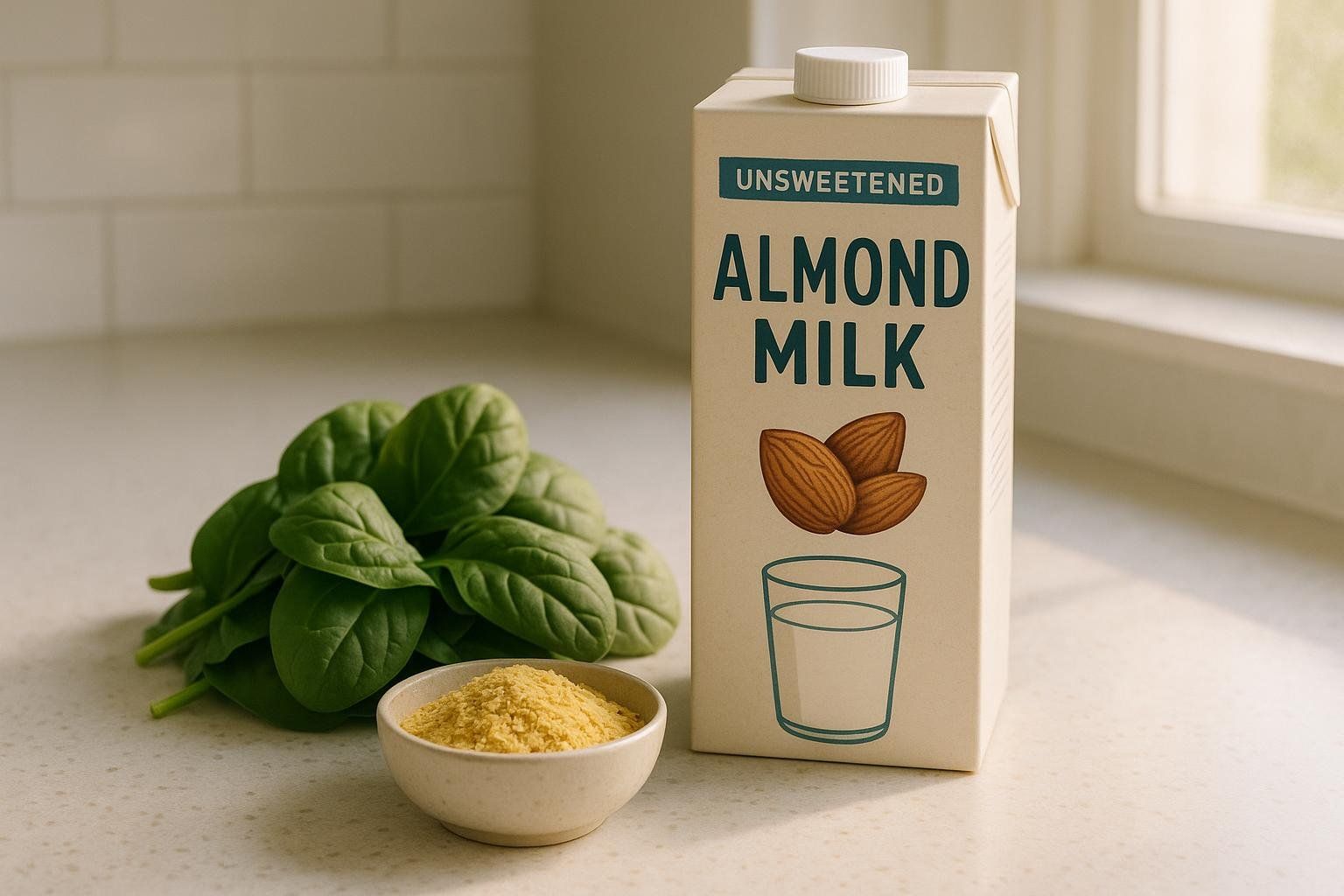 A carton of unsweetened almond milk, a pile of fresh spinach leaves, and a small bowl of nutritional yeast flakes on a kitchen counter, representing essential items for a vegan diet.