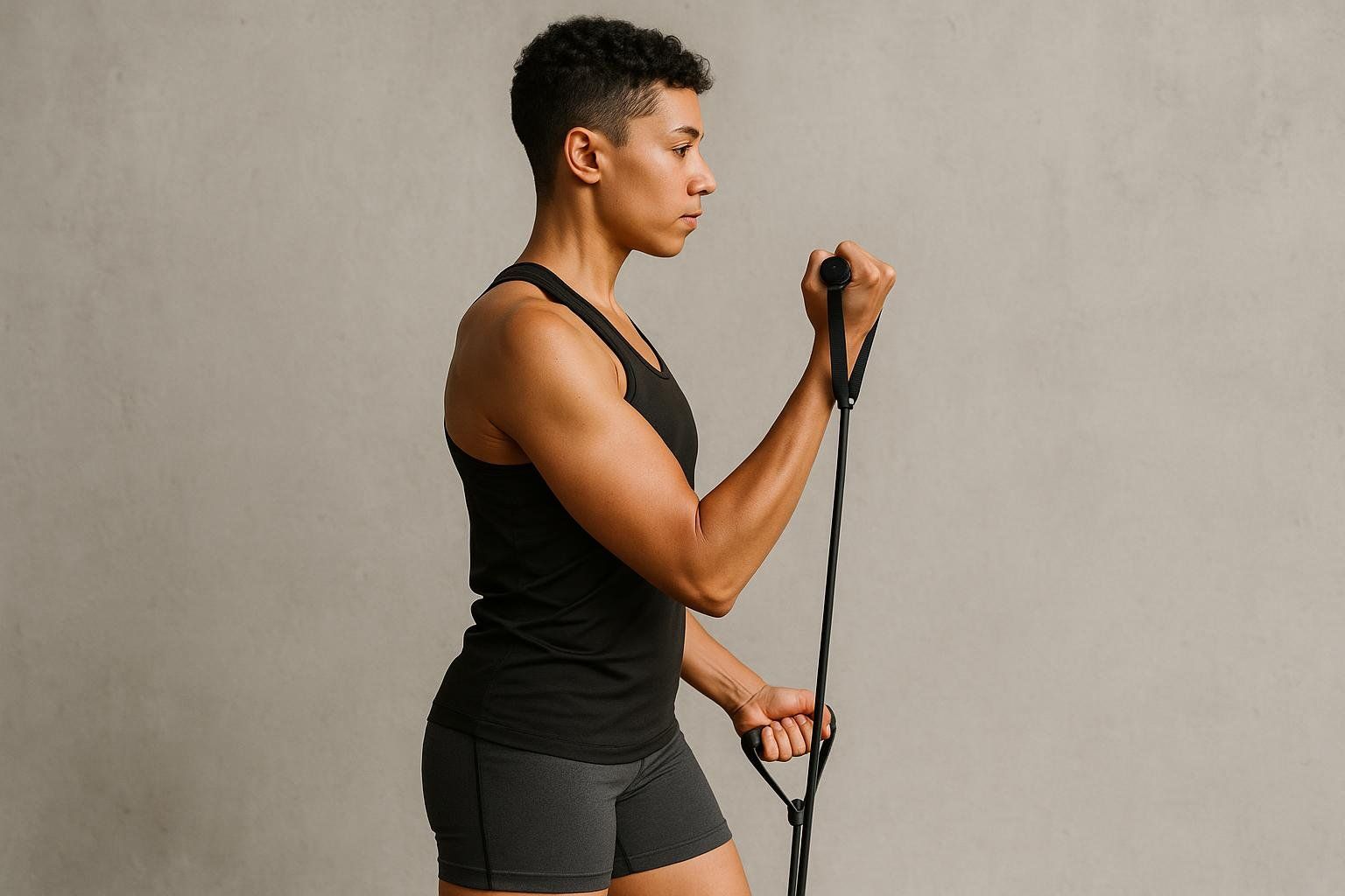 A woman with short curly hair, wearing a black tank top and dark shorts, is performing a bicep curl with a black resistance band. She holds a handle in each hand, with the band taut, demonstrating controlled movement as she brings one hand up towards her shoulder.