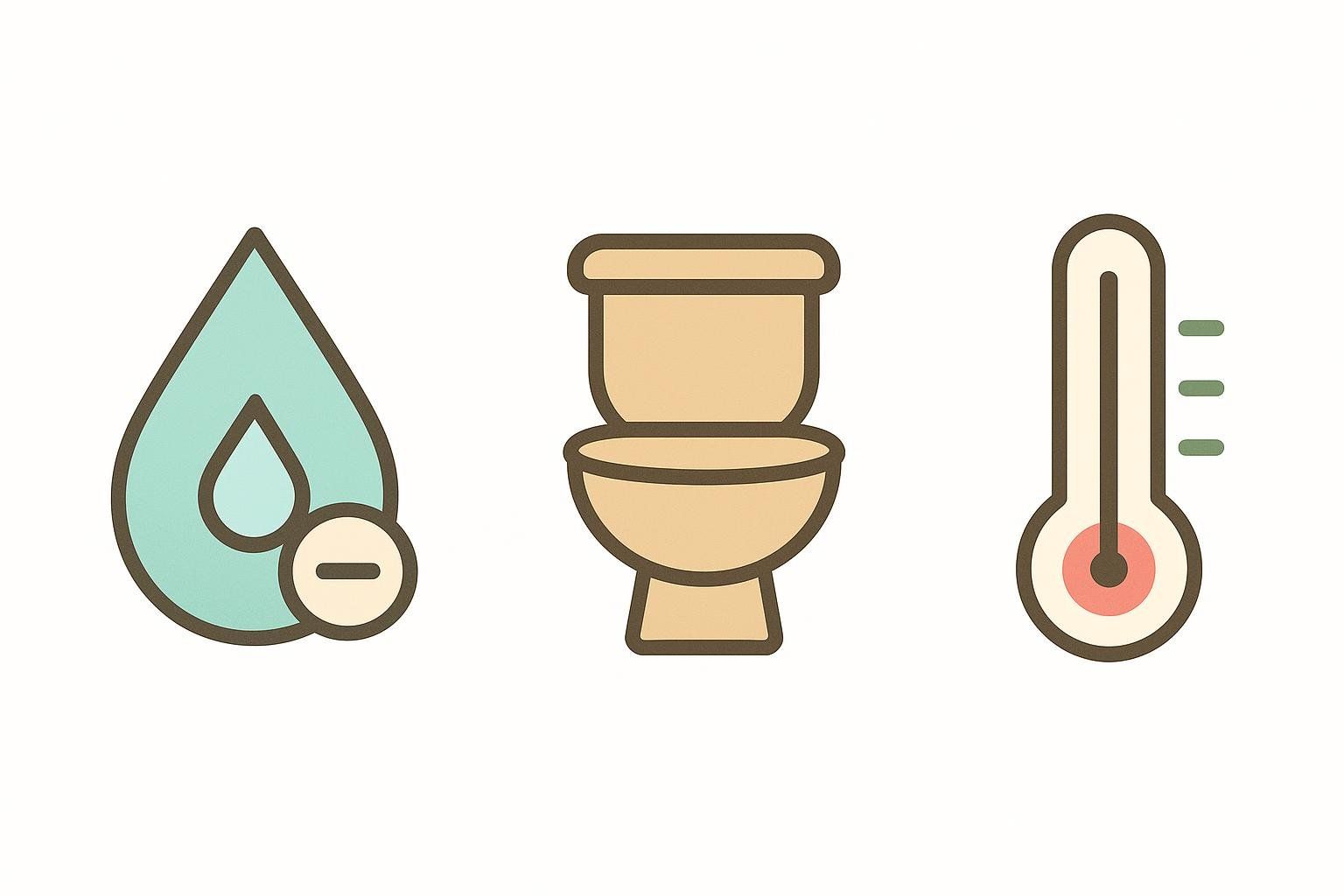 An illustration depicting three icons that symbolize ways electrolytes are lost from the body: a water drop with a minus sign (sweat/dehydration), a toilet (urine), and a thermometer (illness/fever).