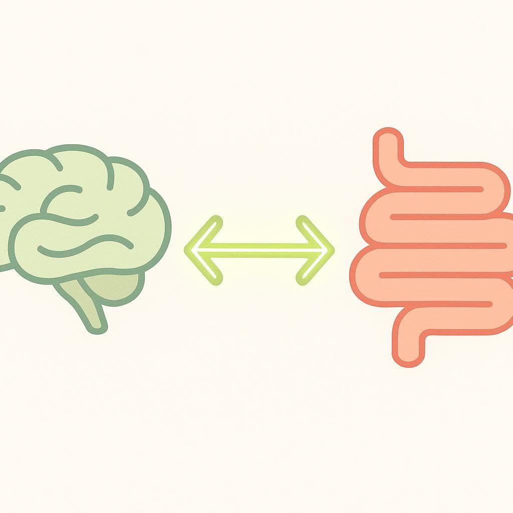 A simple diagram showing the two-way connection between the brain and the gut, known as the gut-brain axis. A light green brain icon is on the left, an orange intestine icon is on the right, and a double-headed arrow points between them.