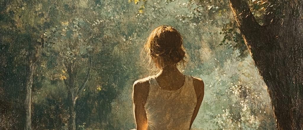 Painting of a woman sitting with her back to the viewer in a park with sunlight streaming through the trees.