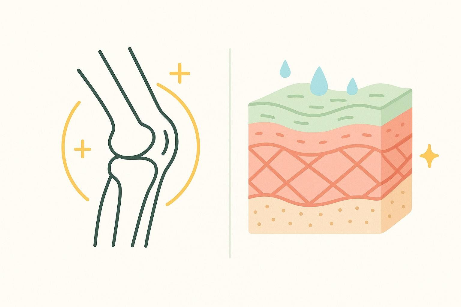 An abstract illustration depicting the benefits of collagen for healthy joints and vibrant skin. On the left, an outline of a knee joint is encircled by a yellow arc with plus signs, symbolizing joint health. On the right, a layered cross-section of skin shows hydration (water drops) and a healthy, structured appearance with a sparkling star, representing skin vitality.