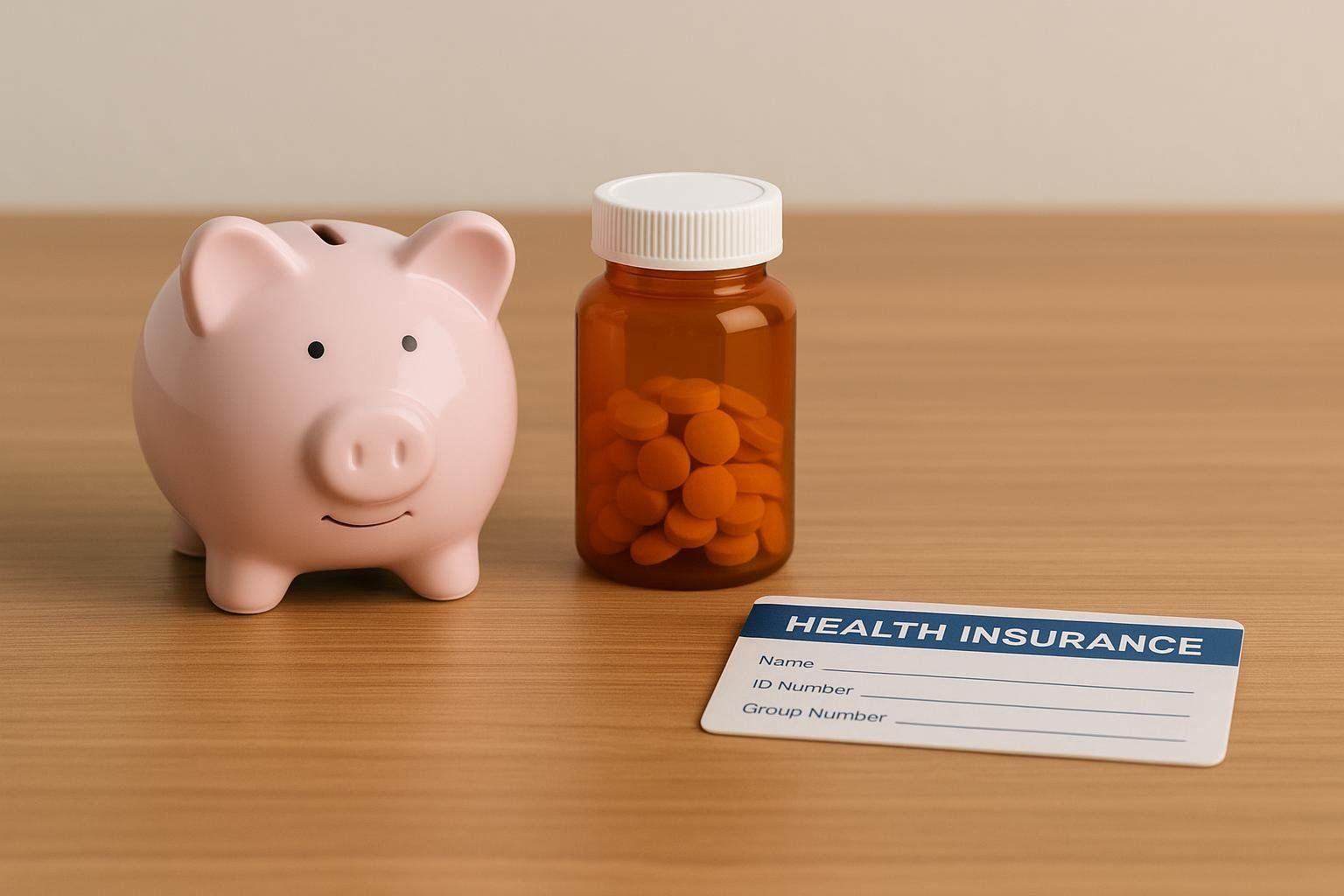 A pink piggy bank, a brown prescription bottle filled with orange pills, and a generic health insurance card on a wooden table, symbolizing the cost and coverage of medication.