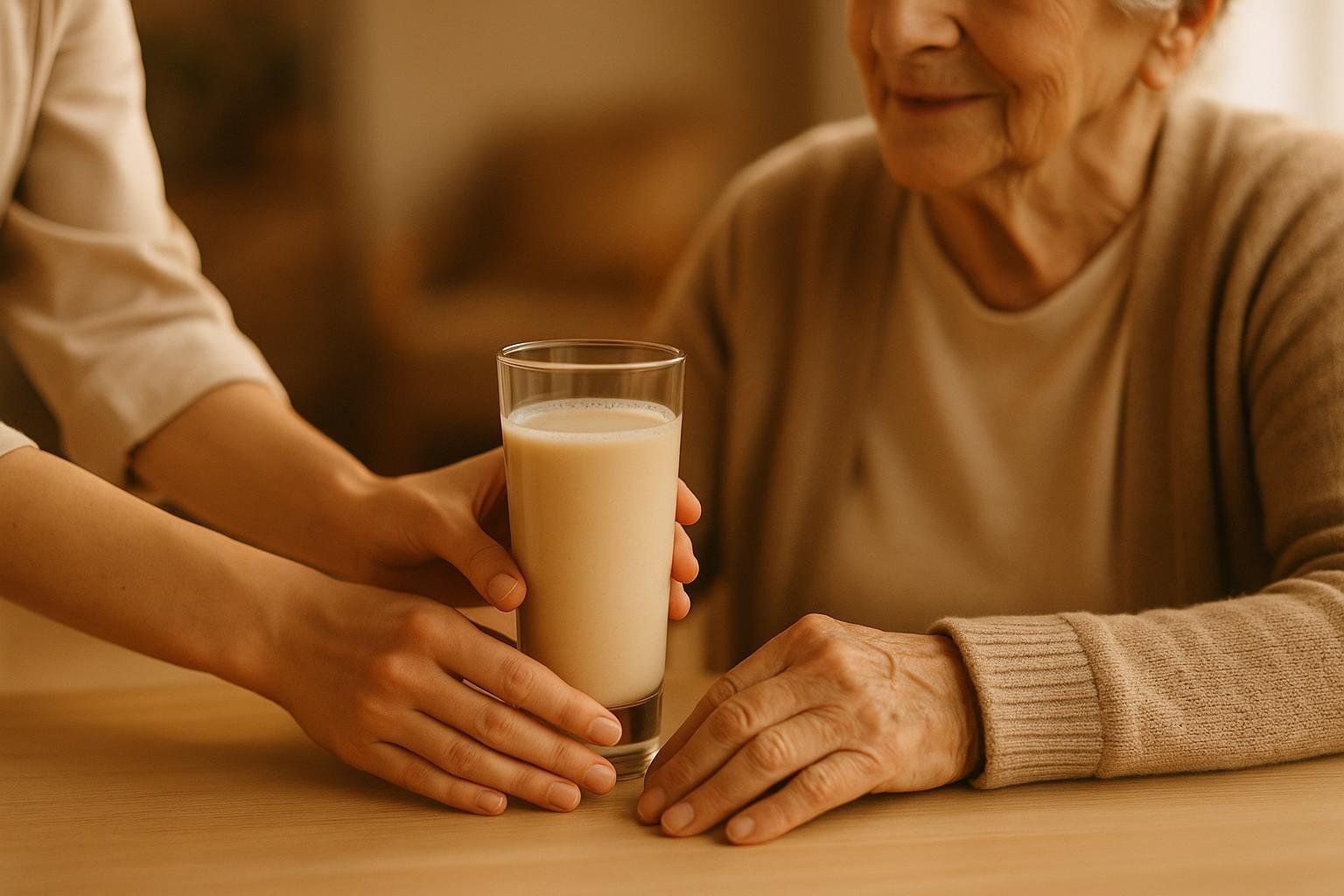 A close-up photo shows a caregiver's hands placing a nutritional shake on a table for an older adult, whose hands rest on the table and face is visible at the top right, smiling slightly. This symbolizes supportive care.