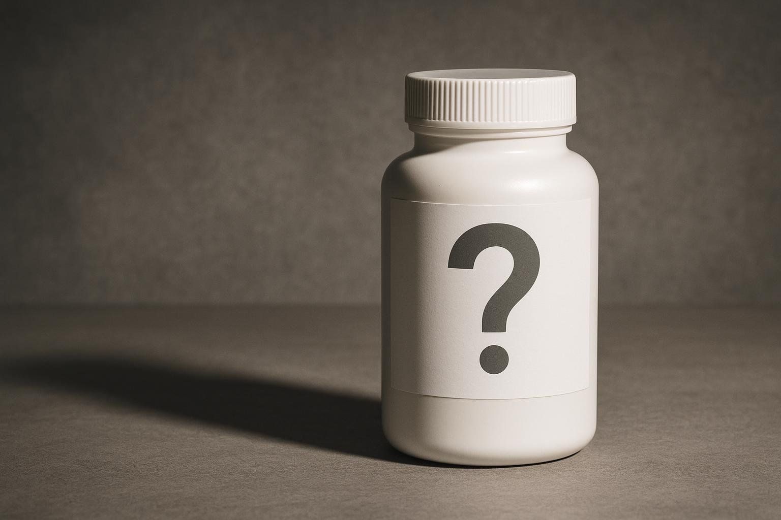 An unlabeled supplement bottle with a question mark on it, symbolizing the regulatory gray zone for detox teas.