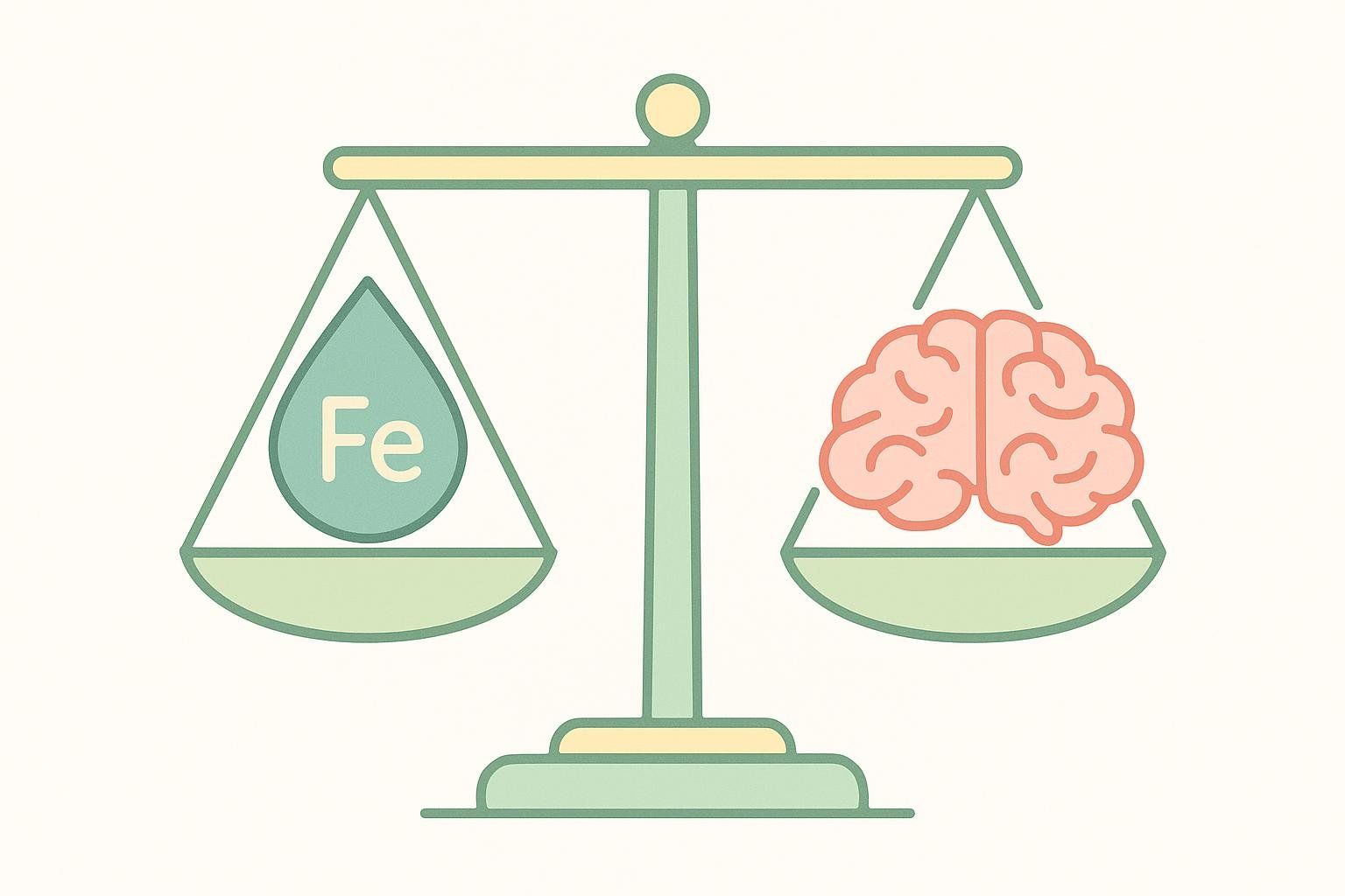 An illustration of a balanced scale with a teal water drop labeled 'Fe' on one side and a pink brain on the other, symbolizing the importance of proper iron levels for brain health.
