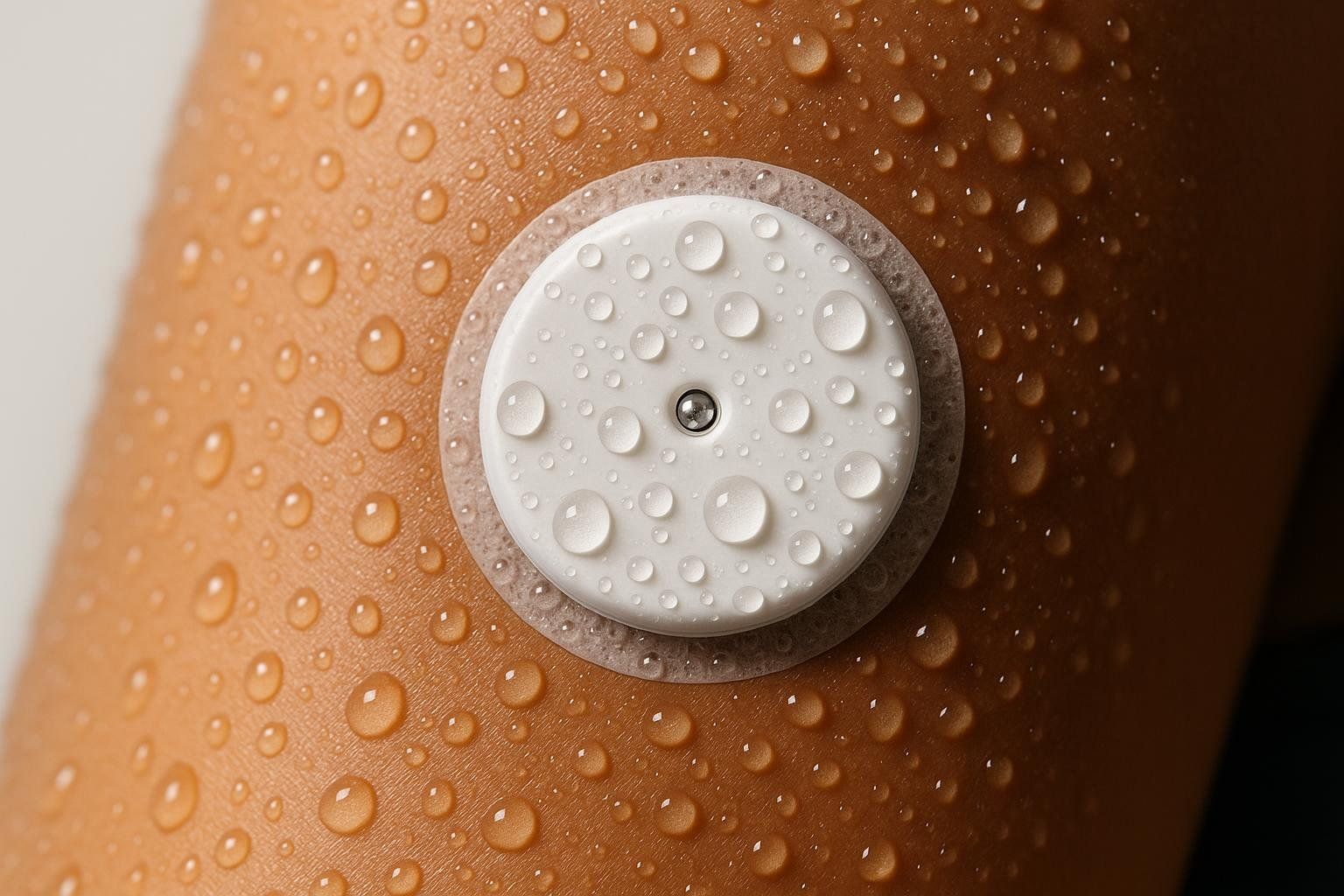 A close-up shot of a white circular continuous glucose monitor (CGM) sensor attached to an arm, covered in many small water droplets.