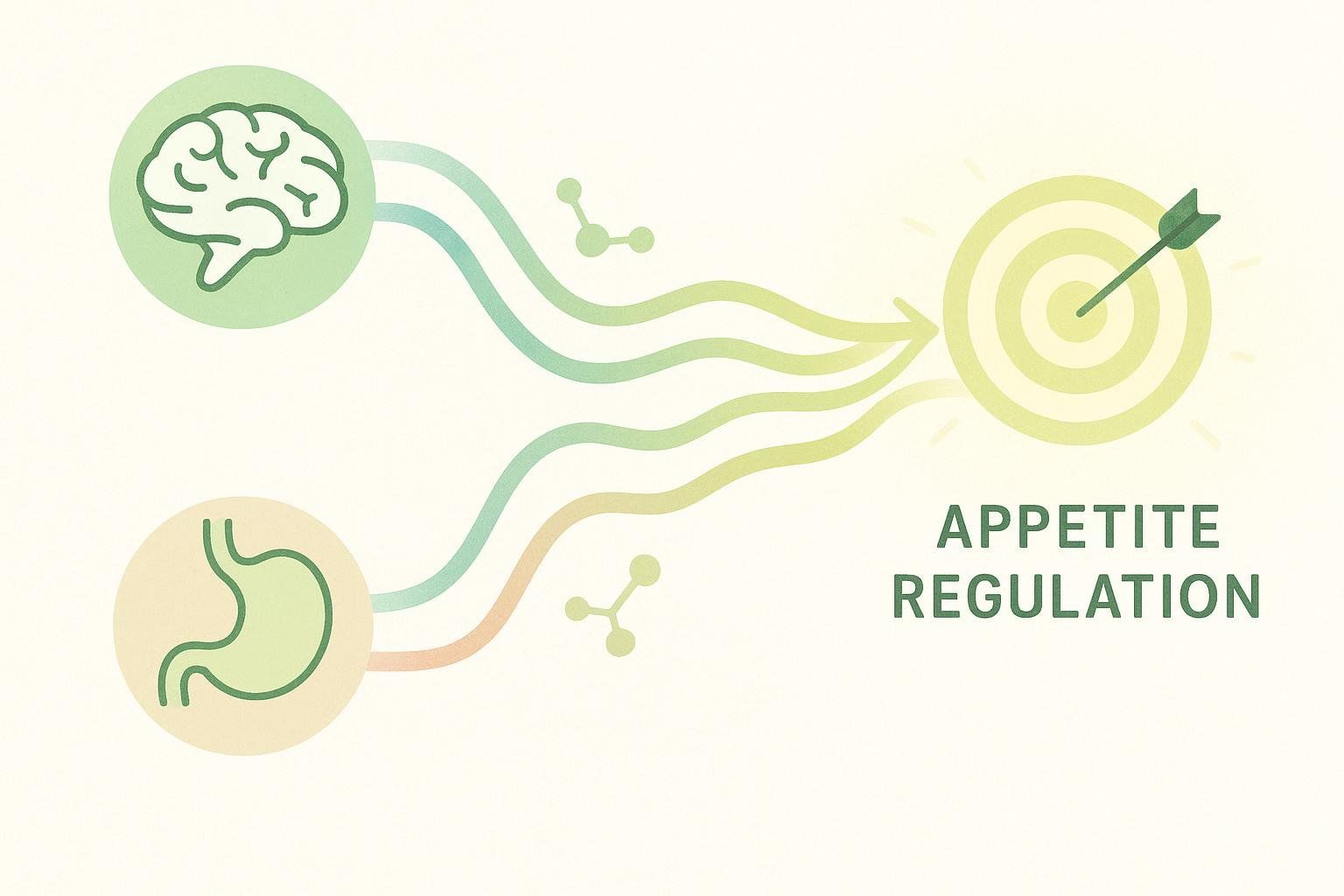 An abstract illustration depicting the brain and stomach as two distinct origins. Wavy lines emanate from each, symbolizing pathways. These lines converge towards a central target representing 'Appetite Regulation', with an arrow hitting the bullseye.
