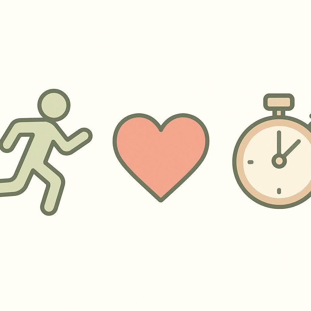 Simple icons representing cardio exercise: a runner, a heart, and a stopwatch.
