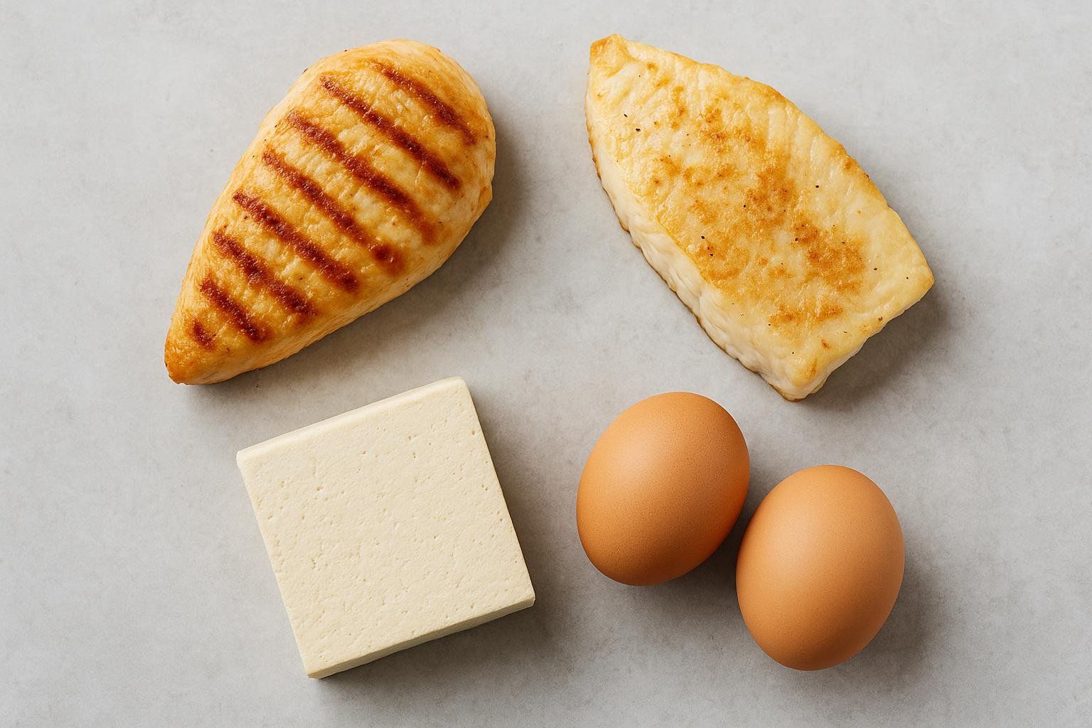 A top-down photo showing a clean arrangement of IBS-friendly proteins: grilled chicken, fish, tofu, and eggs.