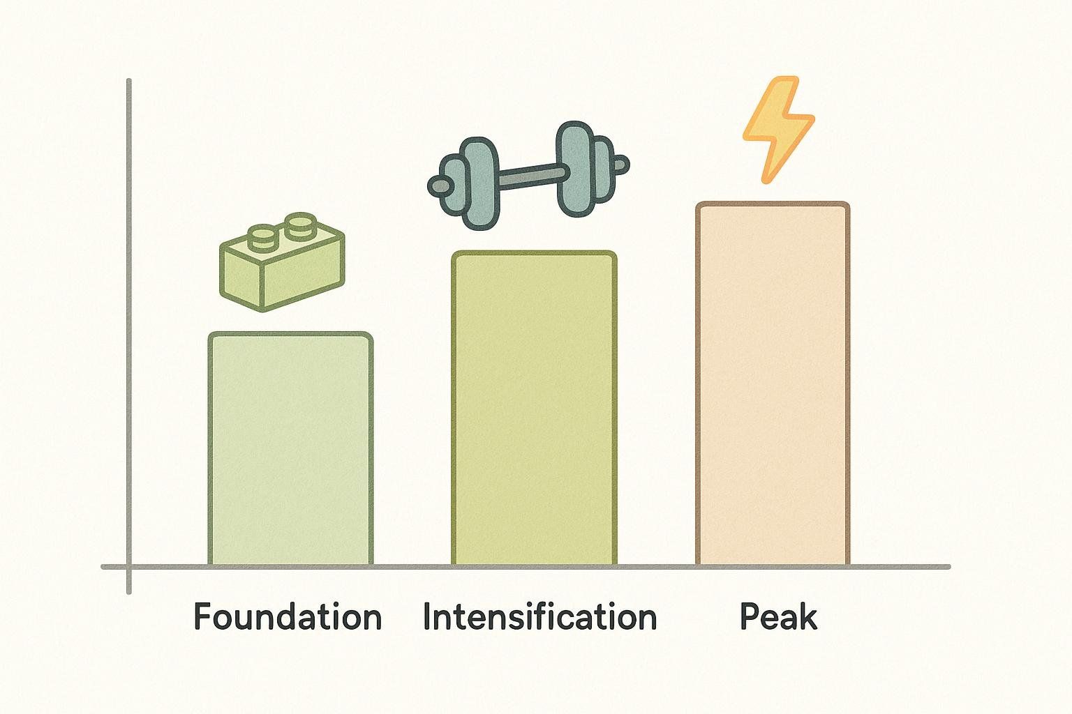 A bar chart illustrating a training plan with three phases: Foundation (represented by a Lego brick), Intensification (represented by a dumbbell), and Peak (represented by a lightning bolt). Each bar's height increases progressively across the phases.