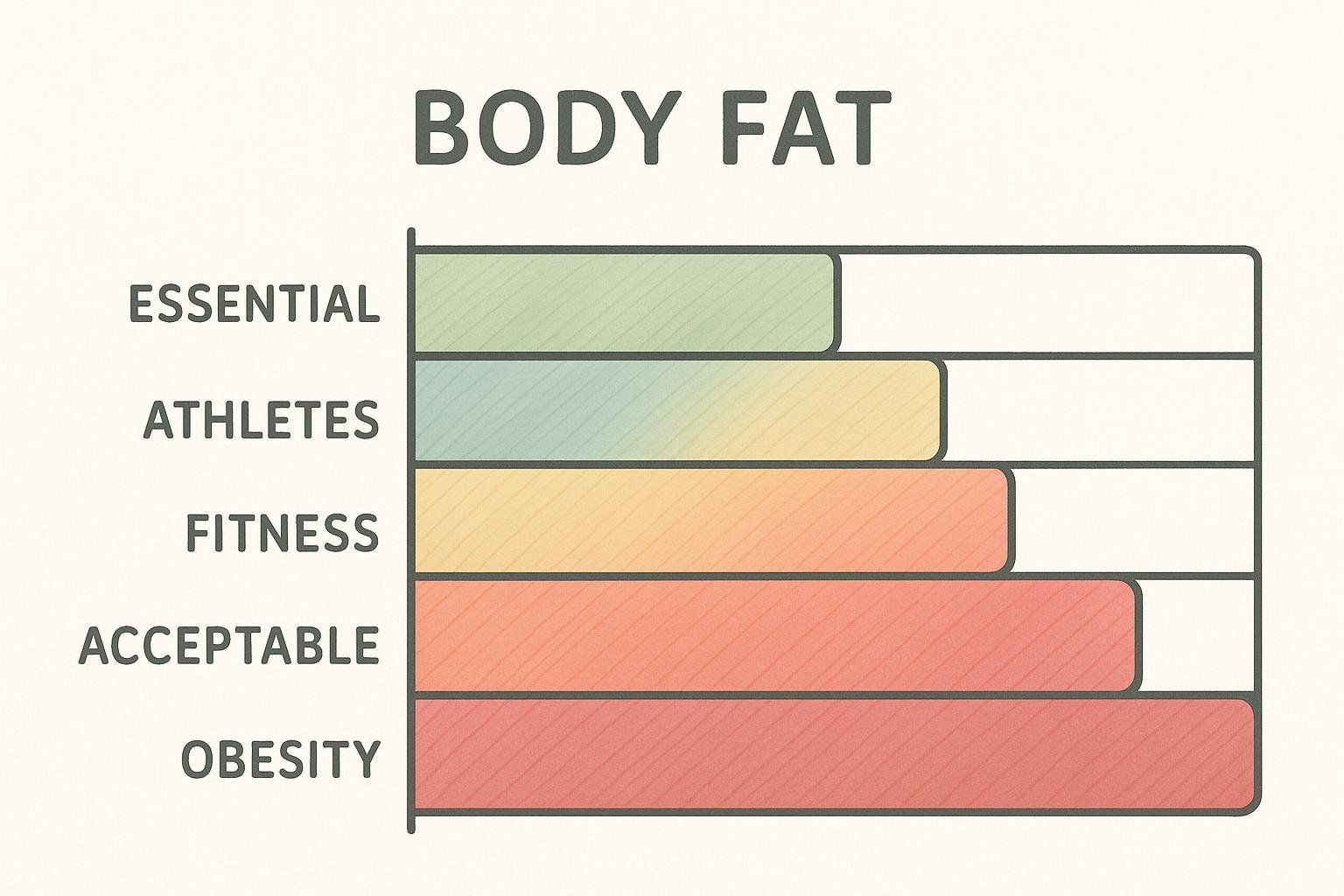 A bar chart showing different body fat percentage categories: Essential in light green, Athletes in blue-green, Fitness in yellow, Acceptable in orange, and Obesity in red.