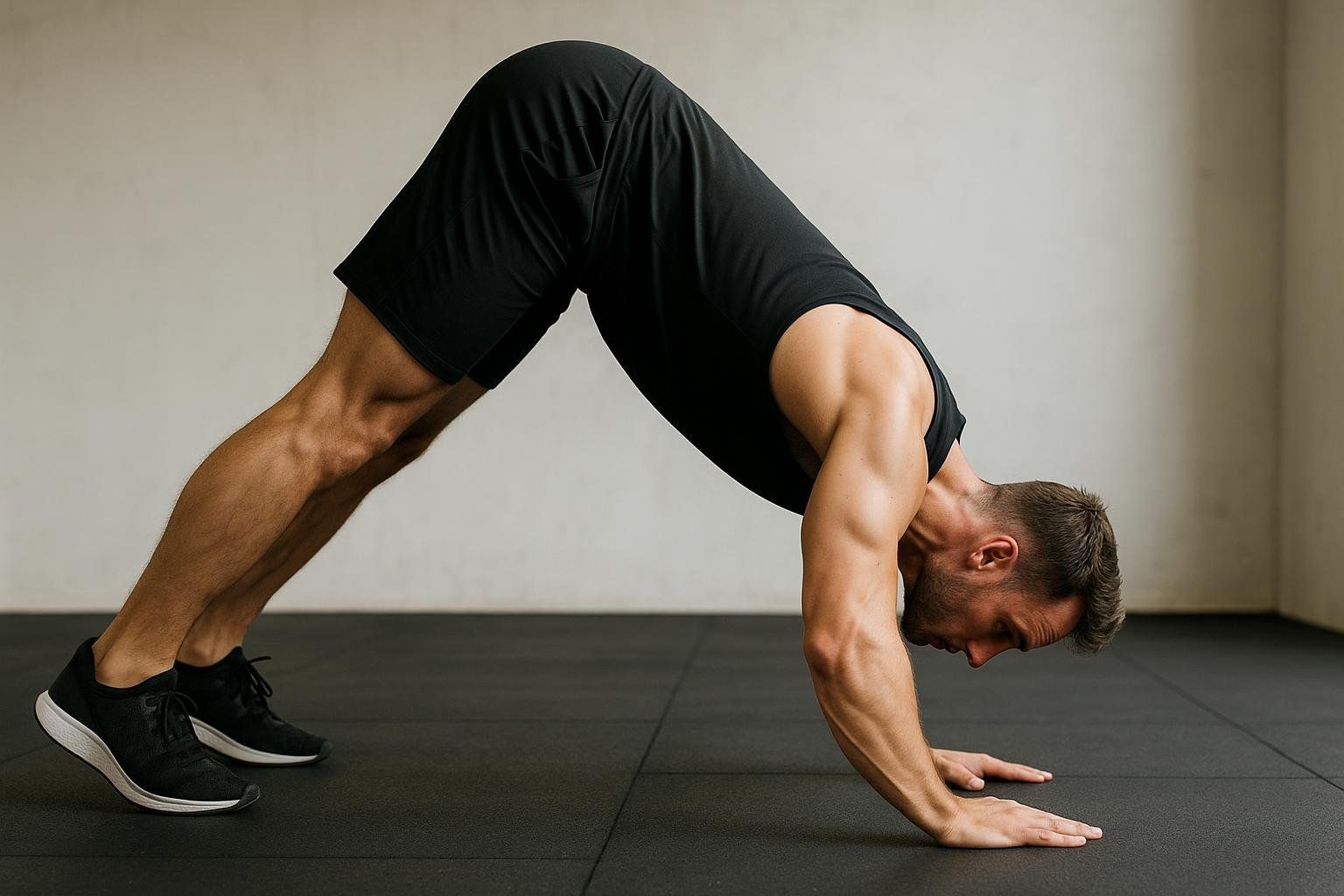 A man in a black tank top and shorts demonstrates a pike push-up or downward dog position with his hips elevated, targeting shoulders and triceps, on a black gym floor.