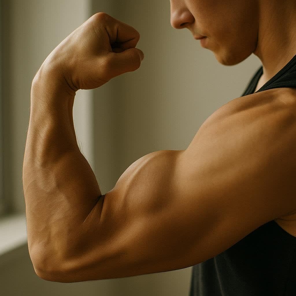 A close-up shot of a person's slightly tanned arm, flexing their bicep, with their face partially visible in the upper right corner looking down at their arm.