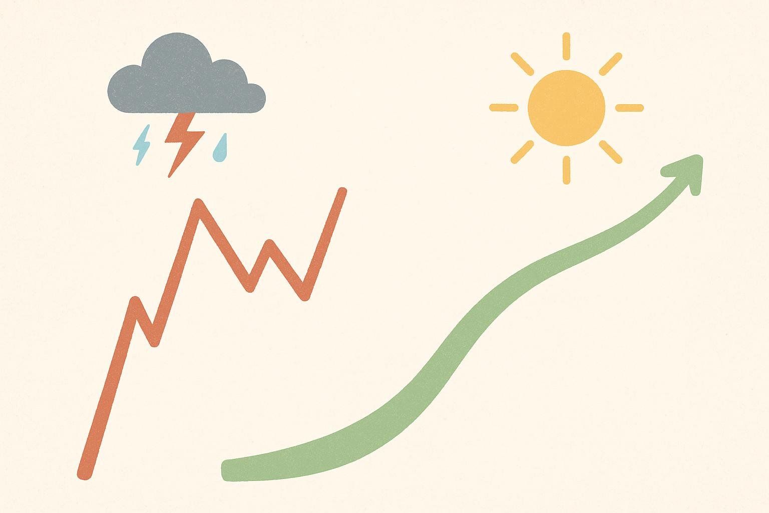 Illustration comparing two paths: one jagged, red line under a stormy cloud with lightning and rain, representing a difficult escalation; the other a smooth, green upward arrow under a shining sun, representing a gentle, easy escalation.