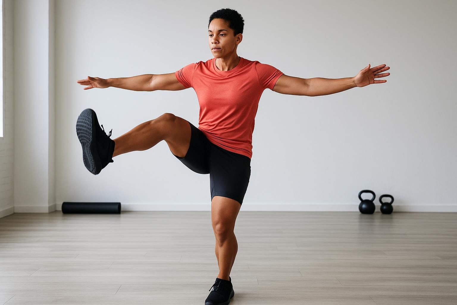 A person with short hair wearing a red t-shirt and black shorts performs a dynamic leg swing to warm up before a workout. They are balancing on one leg with arms outstretched to the sides, and the other leg is swung forward. A foam roller and two kettlebells are visible in the background.
