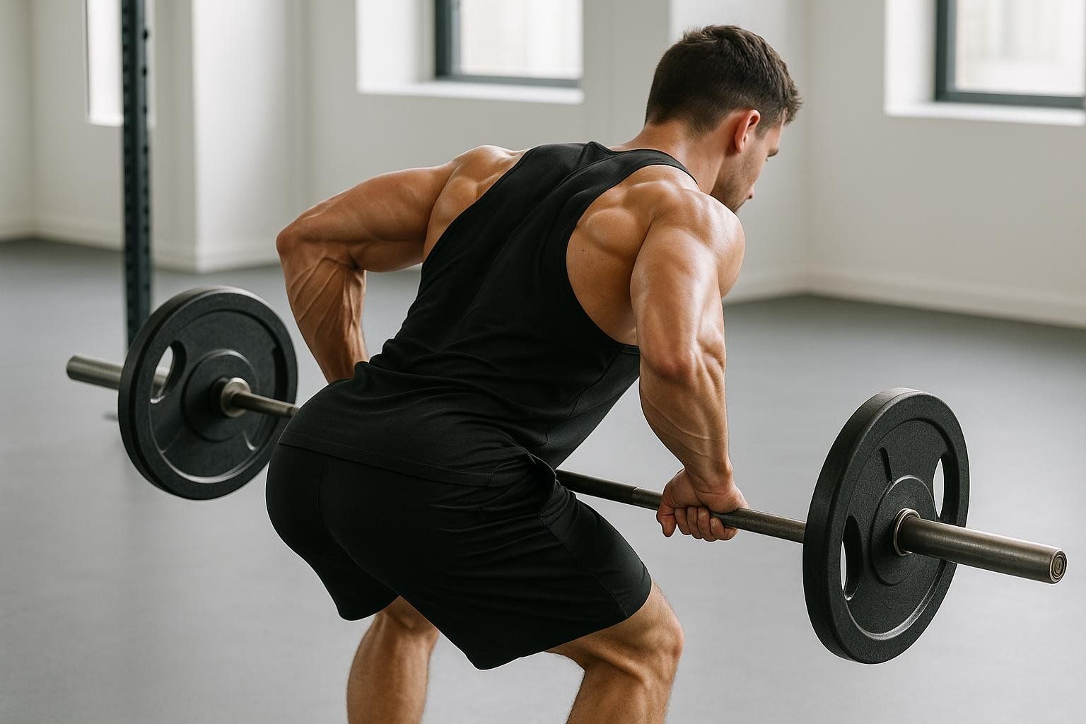A muscular man with excellent form performs a bent-over barbell row in a brightly lit gym. His back muscles are well-defined as he lifts the barbell.