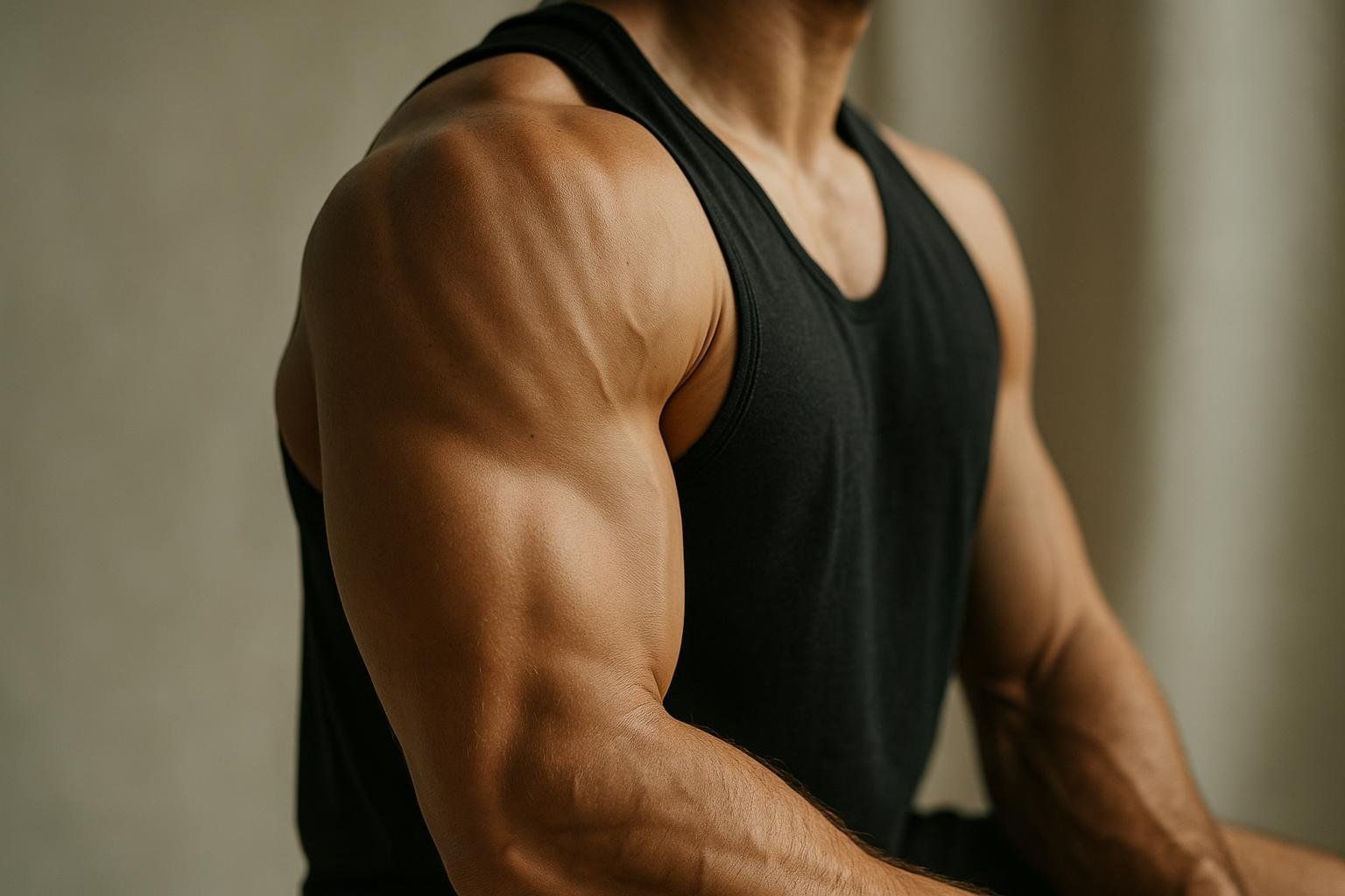 Close-up of a person's toned and muscular bicep and shoulder, wearing a black tank top. The lighting highlights the definition of the muscles.